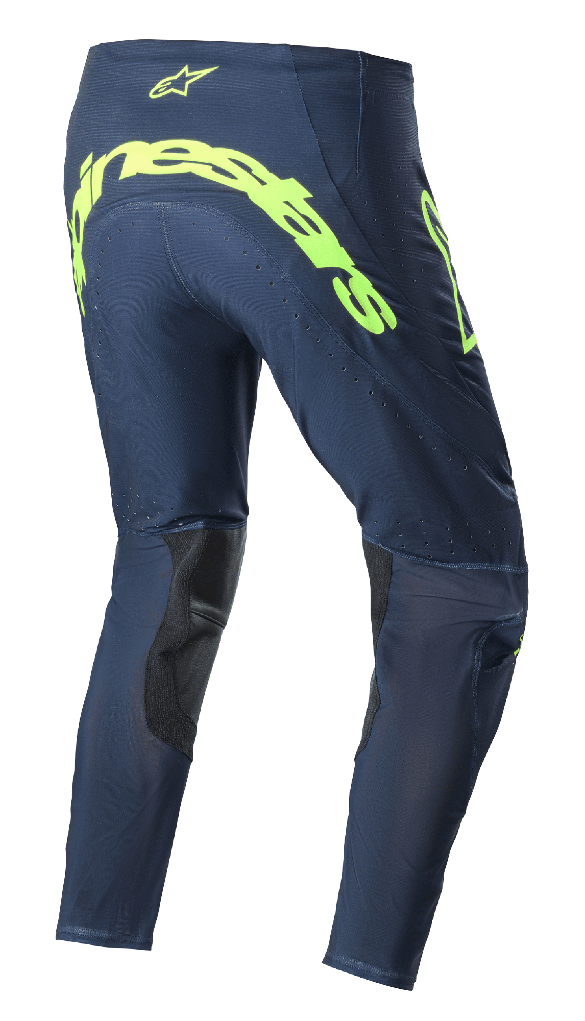 Alpinestars 2023 Supertech Bruin Pants, spodnie motocrossowe, granatowe i żółte neonowe, widok z tyłu z dużym neonowym żółtym logo Alpinestars na siedzeniu, perforowane strefy wentylacyjne oraz czarne wzmocnienia po wewnętrznej stronie nogawek