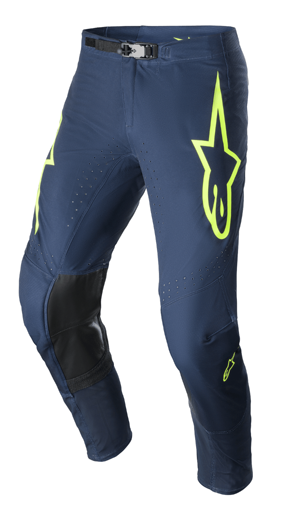 Alpinestars 2023 Supertech Bruin Pants, spodnie motocrossowe, granatowe i żółte fluo, czarne wzmocnione panele na kolanach, perforowana wentylacja, regulowana klamra magnetyczna w pasie, wytrzymała konstrukcja wyścigowa