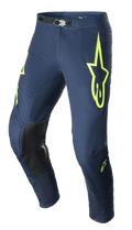 Alpinestars 2023 Supertech Bruin Pants, spodnie motocrossowe, granatowe i żółte fluo, czarne wzmocnione panele na kolanach, perforowana wentylacja, regulowana klamra magnetyczna w pasie, wytrzymała konstrukcja wyścigowa