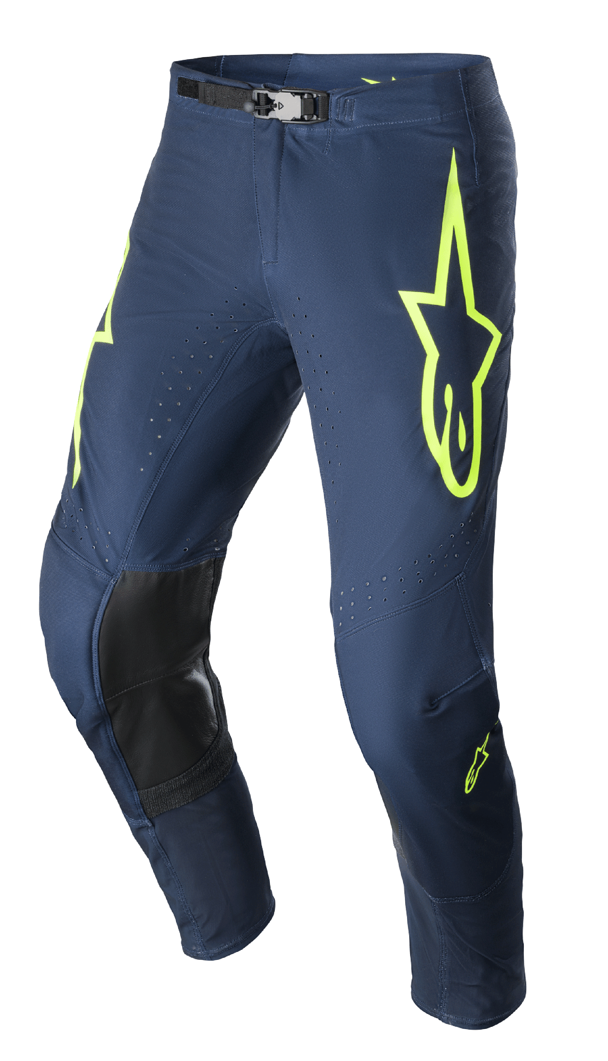 Alpinestars 2023 Supertech Bruin Pants, spodnie motocrossowe, granatowe i żółte fluo, czarne wzmocnione panele na kolanach, perforowana wentylacja, regulowana klamra magnetyczna w pasie, wytrzymała konstrukcja wyścigowa