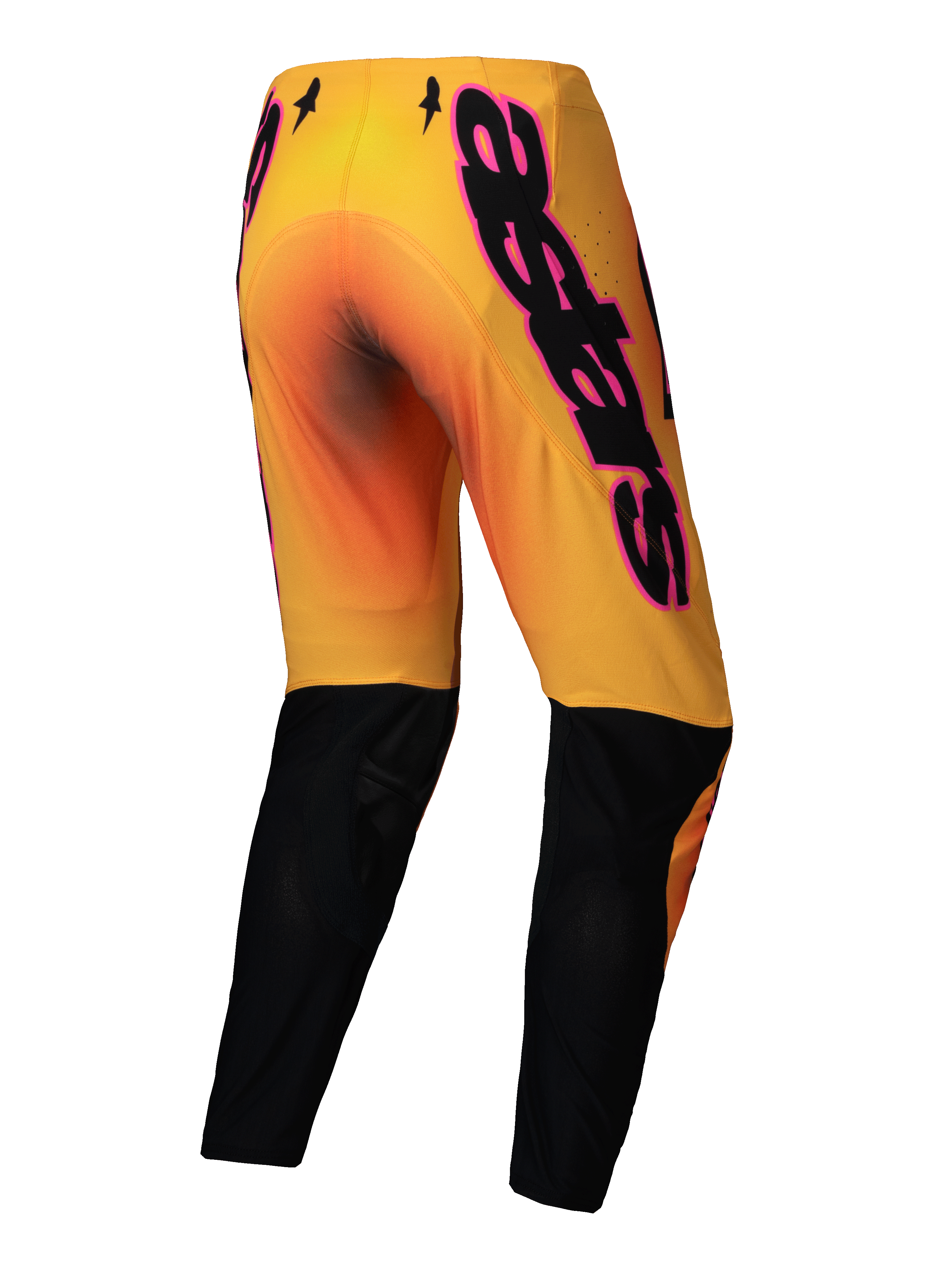 Alpinestars Supertech Lipan Pants 2025, męskie spodnie motocross off-road, żółte i różowe z czarnymi nogawkami, elastyczna konstrukcja rip-stop