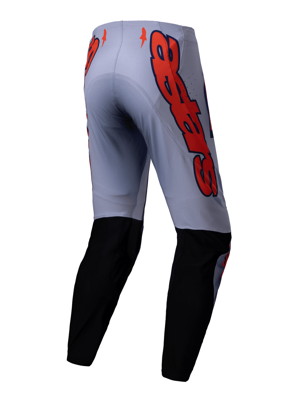 Alpinestars Supertech Lipan Pants 2025, spodnie motocrossowe, szaro-pomarańczowe fluo, widok z tyłu z czarnymi panelami na dole nogawek i dużymi pomarańczowymi grafikami logo Alpinestars na biodrach, sportowy krój do wyścigów off-road