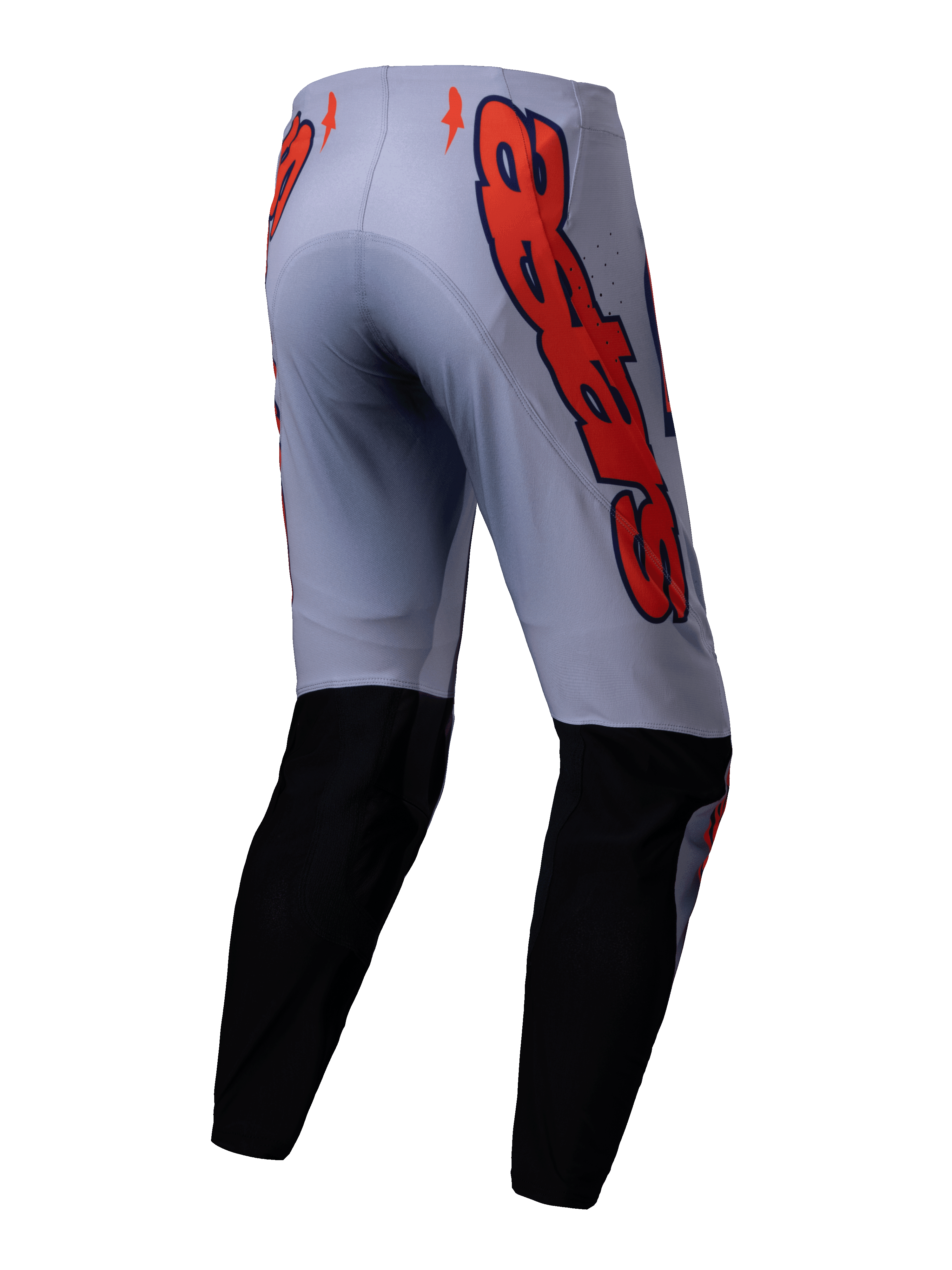Alpinestars Supertech Lipan Pants 2025, spodnie motocrossowe, szaro-pomarańczowe fluo, widok z tyłu z czarnymi panelami na dole nogawek i dużymi pomarańczowymi grafikami logo Alpinestars na biodrach, sportowy krój do wyścigów off-road