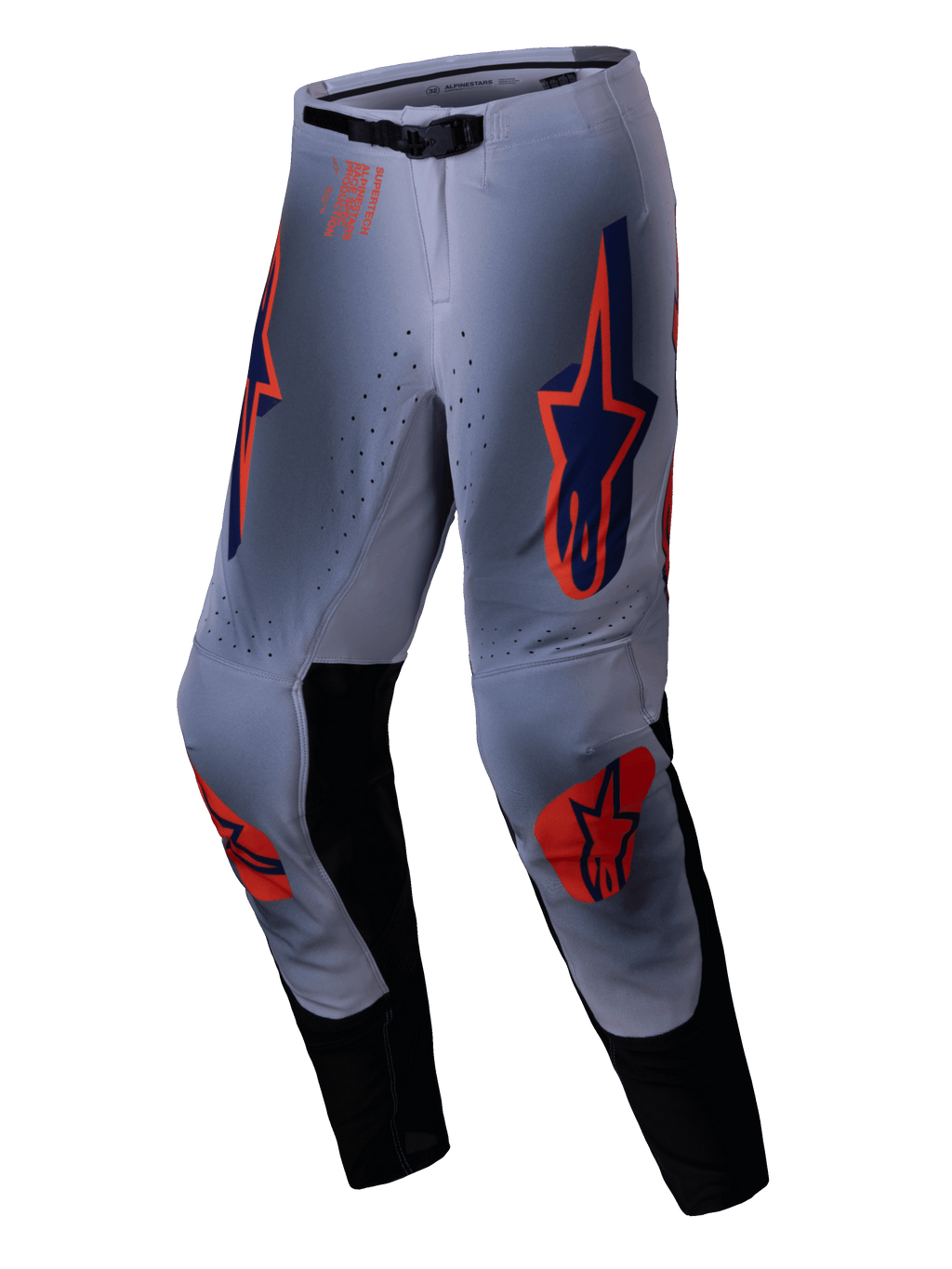 Alpinestars 2025 Supertech Lipan Pants, spodnie motocrossowe, szaro-pomarańczowe fluo, z wyrazistymi pomarańczowymi i granatowymi logo gwiazdy na udach i kolanach, czarne panele po wewnętrznej stronie nogawek i regulowany pas, zaprojektowane dla profesjonalnych osiągów w terenie