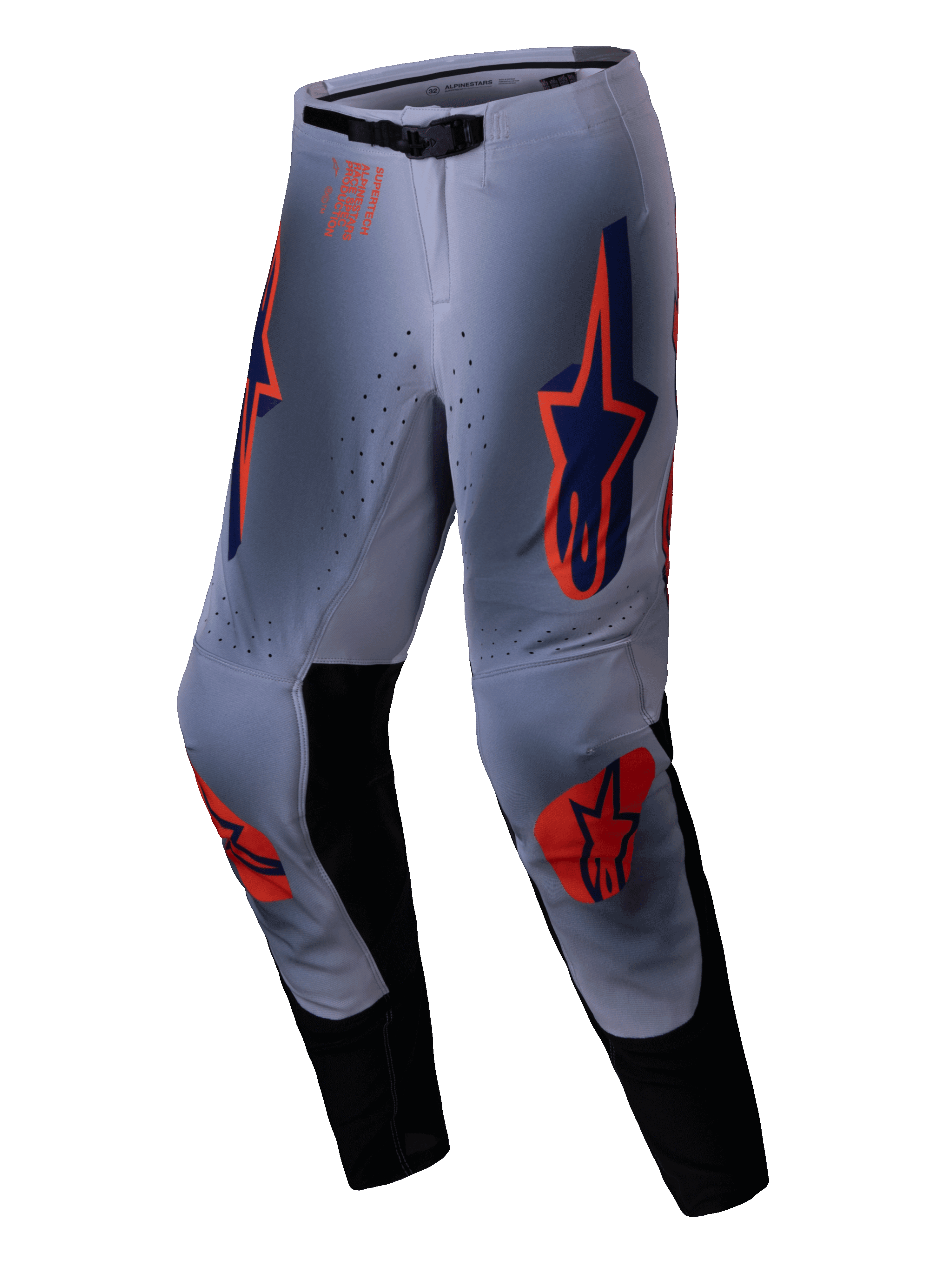 Alpinestars 2025 Supertech Lipan Pants, spodnie motocrossowe, szaro-pomarańczowe fluo, z wyrazistymi pomarańczowymi i granatowymi logo gwiazdy na udach i kolanach, czarne panele po wewnętrznej stronie nogawek i regulowany pas, zaprojektowane dla profesjonalnych osiągów w terenie