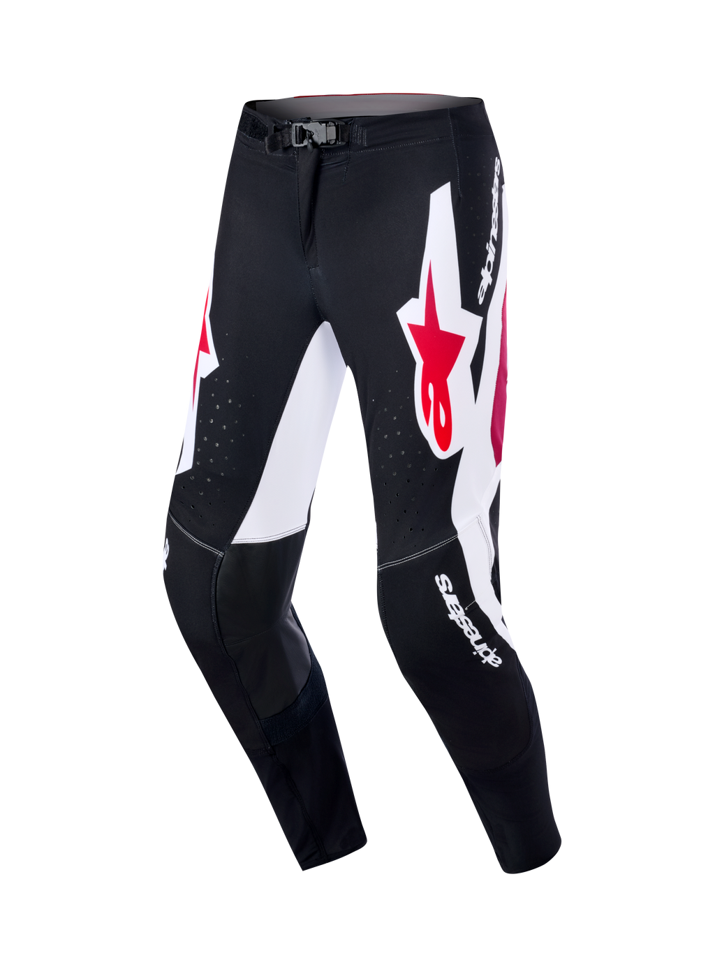 Alpinestars 2026 Supertech AFD Vista Pants, spodnie motocrossowe, czarno-czerwono-białe, z dużymi białymi panelami graficznymi i czerwonym logo gwiazdy, czarne skórzane panele po wewnętrznej stronie kolan, laserowo wycinane perforacje zapewniające przepływ powietrza, białe logotypy, profesjonalny sprzęt do wyścigów terenowych