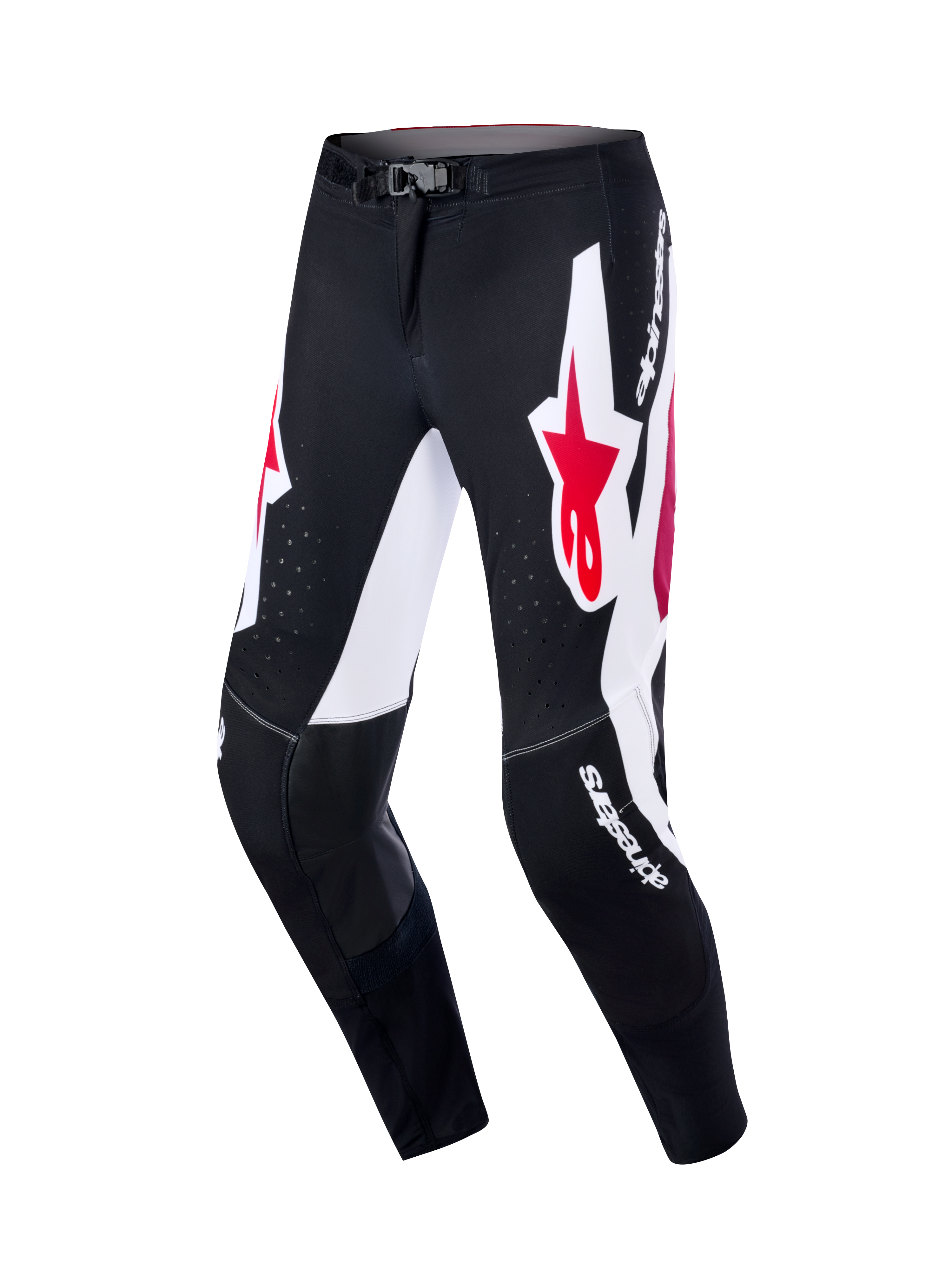 Alpinestars 2026 Supertech AFD Vista Pants, spodnie motocrossowe, czarno-czerwono-białe, z dużymi białymi panelami graficznymi i czerwonym logo gwiazdy, czarne skórzane panele po wewnętrznej stronie kolan, laserowo wycinane perforacje zapewniające przepływ powietrza, białe logotypy, profesjonalny sprzęt do wyścigów terenowych