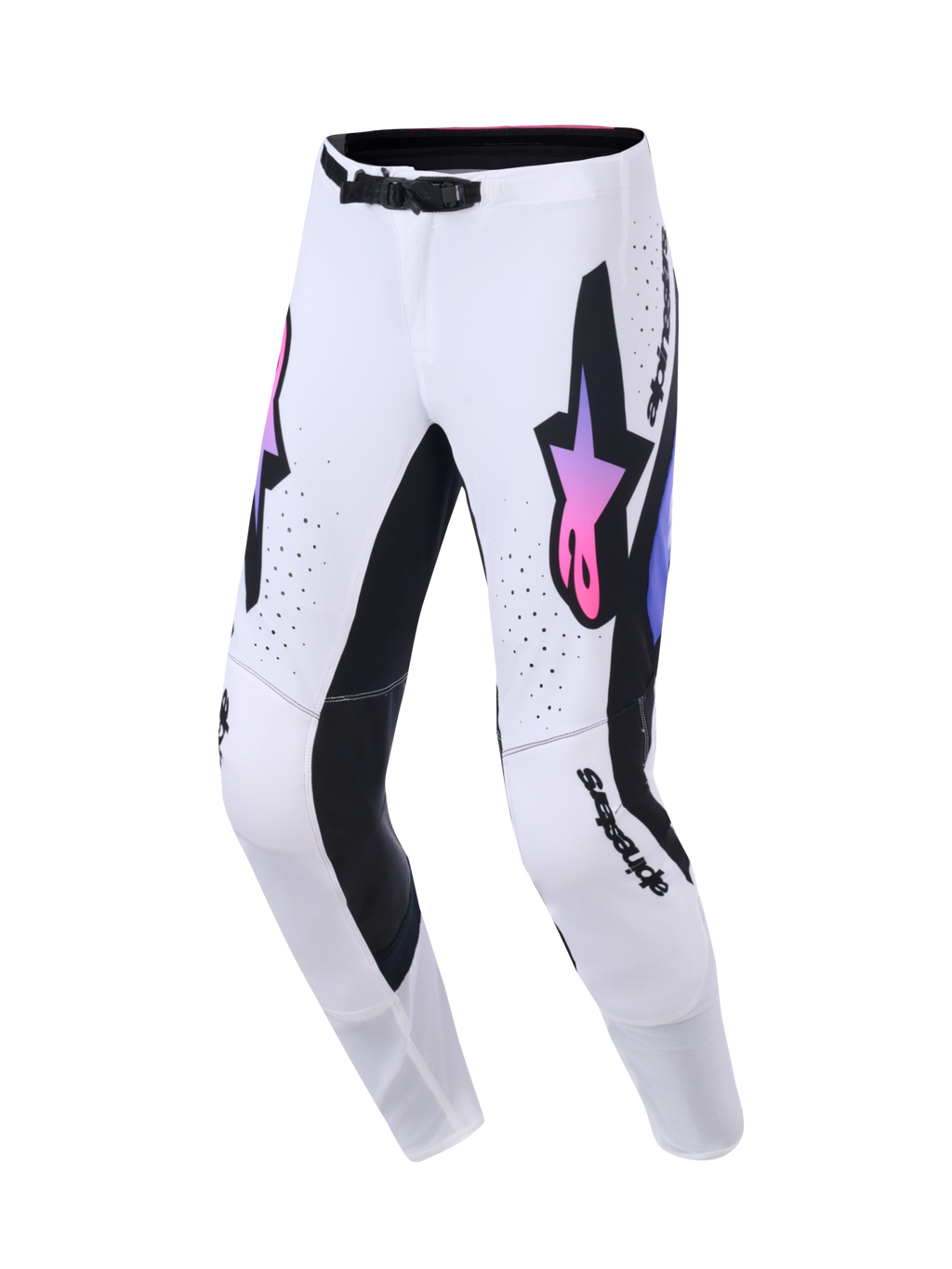 Alpinestars 2026 Supertech AFD Vista Pants, spodnie motocrossowe, białe, fioletowe i czarne, widok z przodu z wyrazistym logo Alpinestars z fioletowo-różowym gradientem, czarne panele po wewnętrznej stronie nogawek, laserowo wycinane otwory wentylacyjne i sportowy krój wyścigowy