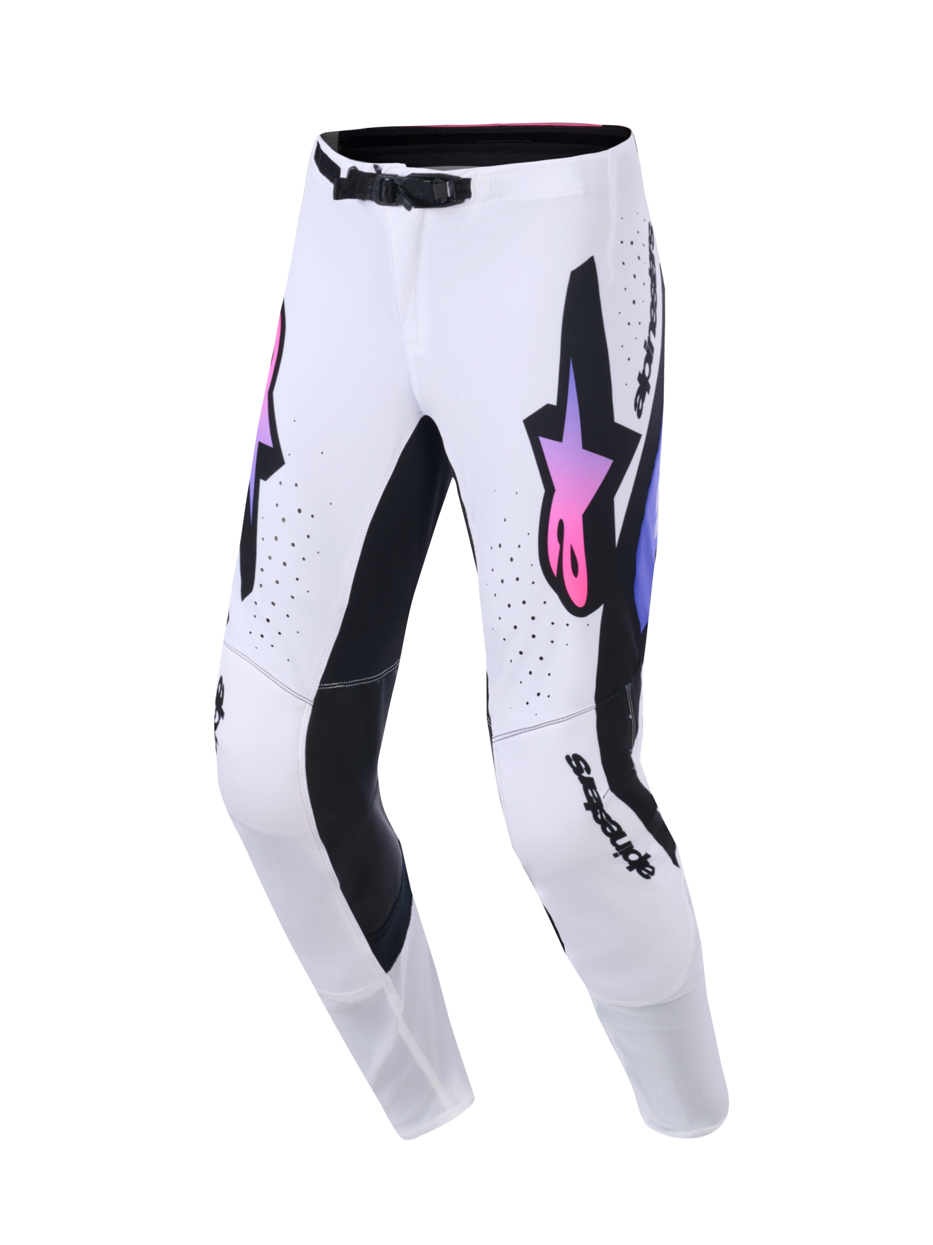 Alpinestars 2026 Supertech AFD Vista Pants, spodnie motocrossowe, białe, fioletowe i czarne, z dużym czarnym logo Astars z różowo-fioletowym gradientem, czarne panele po wewnętrznej stronie nogawek i magnetyczna klamra SX1, zaprojektowane dla wysokiej wydajności w wyścigach terenowych