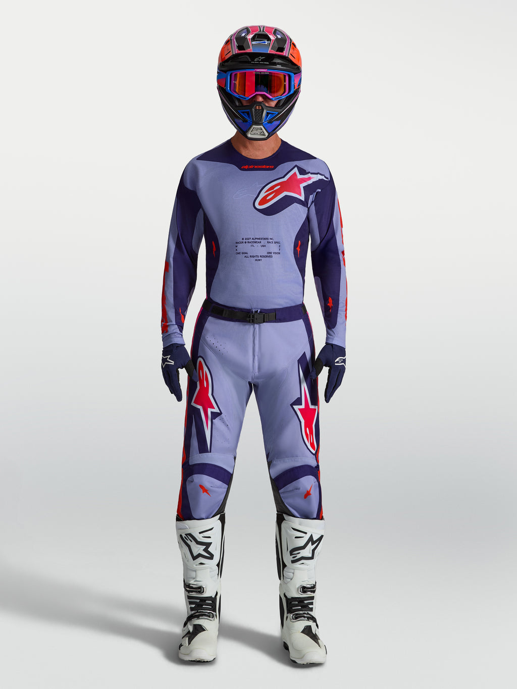 Alpinestars Racer Air Hunt Pants, Men's Motocross Gear, Light Violet and Pink Fluo, ventilated mesh for airflow.