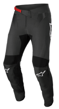 Alpinestars Supertech Foster Pants, Motocross Racing Pants, Black and Gray, featuring a red waist buckle, white knee logos, reinforced knee and thigh protection, ventilated mesh panels, and a fitted design for active riding