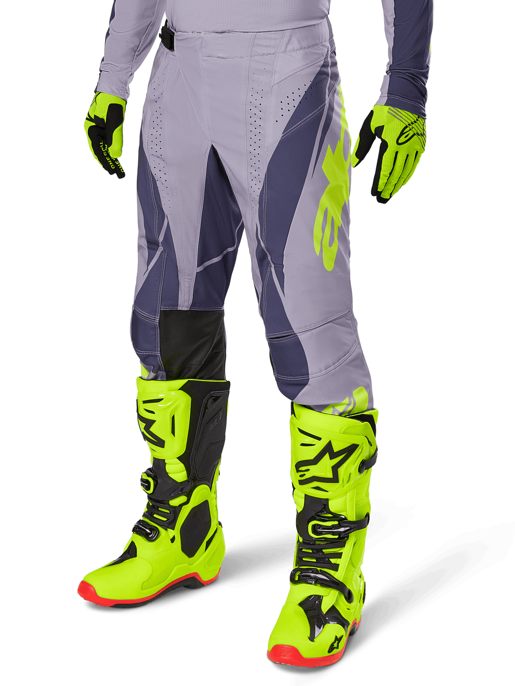 Alpinestars 2025 Techstar Dreem Gear Set, spodnie i koszulka motocrossowa, szary z ciemnofioletowymi i neonowożółtymi akcentami, zestawiony z pasującymi neonowożółtymi butami i rękawicami, profesjonalny krój wyścigowy do motocrossu