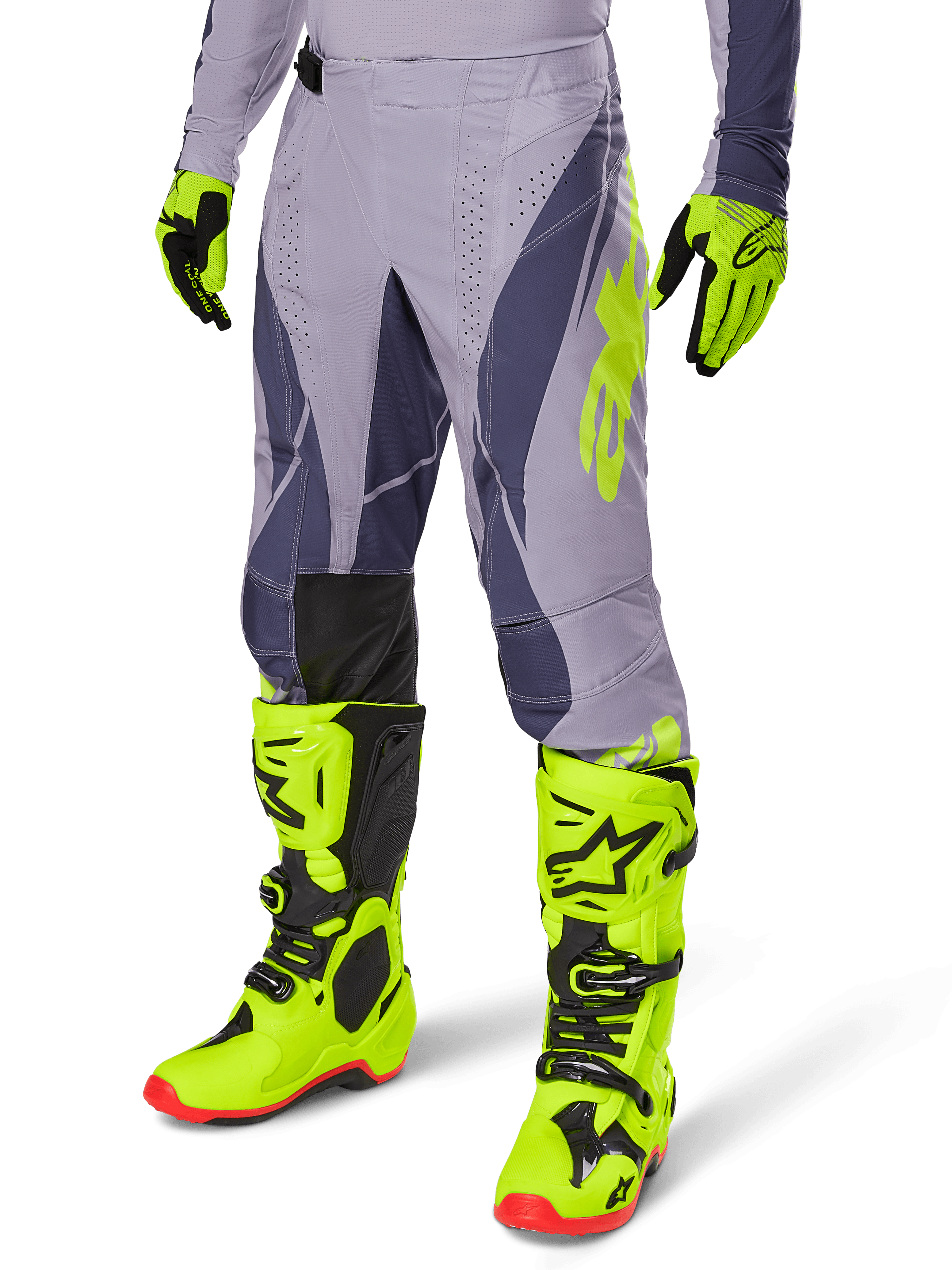 Alpinestars 2025 Techstar Dreem Gear Set, spodnie i koszulka motocrossowa, szary z ciemnofioletowymi i neonowożółtymi akcentami, zestawiony z pasującymi neonowożółtymi butami i rękawicami, profesjonalny krój wyścigowy do motocrossu