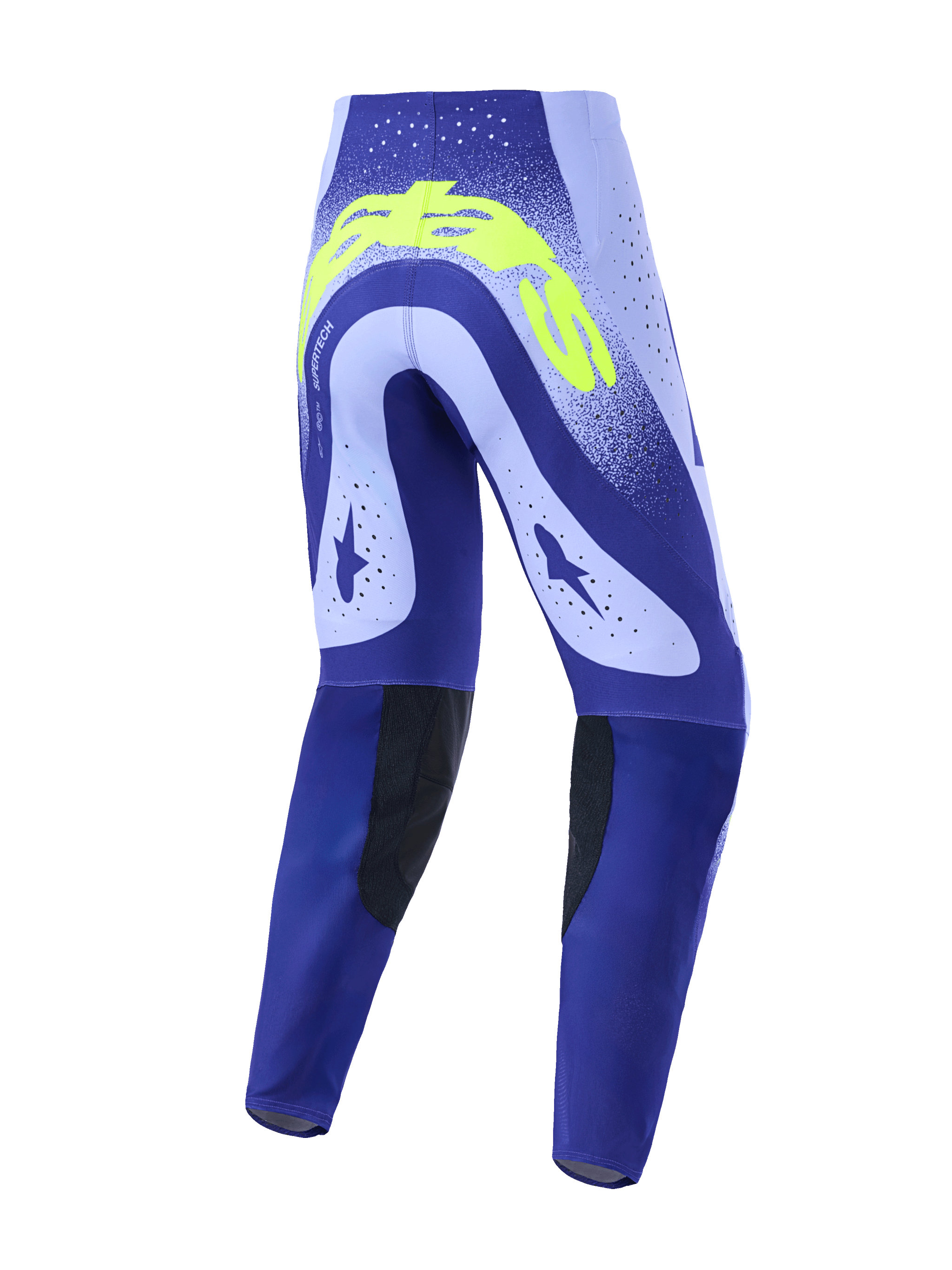 Spodnie Alpinestars Supertech Scenz 2026, spodnie motocrossowe, fioletowe i neonowo-żółte, widok z tyłu ukazujący techniczny design z laserowo wycinanymi perforacjami, wyrazisty neonowo-żółty branding z tyłu oraz czarne, wytrzymałe panele na wewnętrznej stronie kolan