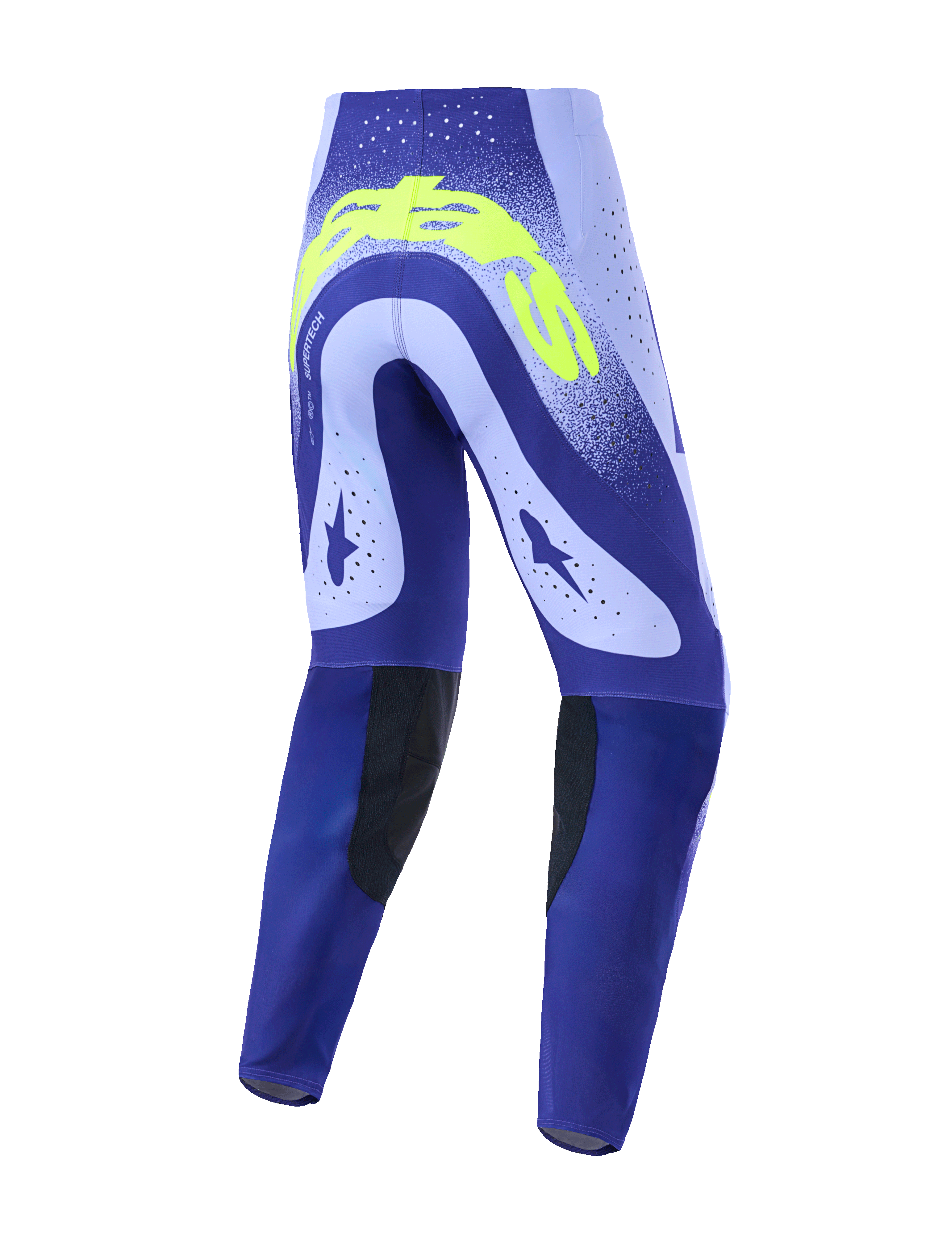 Spodnie Alpinestars Supertech Scenz 2026, spodnie motocrossowe, fioletowe i neonowo-żółte, widok z tyłu ukazujący techniczny design z laserowo wycinanymi perforacjami, wyrazisty neonowo-żółty branding z tyłu oraz czarne, wytrzymałe panele na wewnętrznej stronie kolan