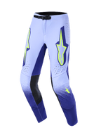Alpinestars 2026 Supertech Scenz Pants, spodnie motocrossowe, fioletowe i żółte fluo, z gradientem od lawendowego do granatowego, neonowożółte logo gwiazdy Alpinestars na udach, czarne skórzane panele po wewnętrznej stronie kolan i solidne czarne zapięcie w pasie.