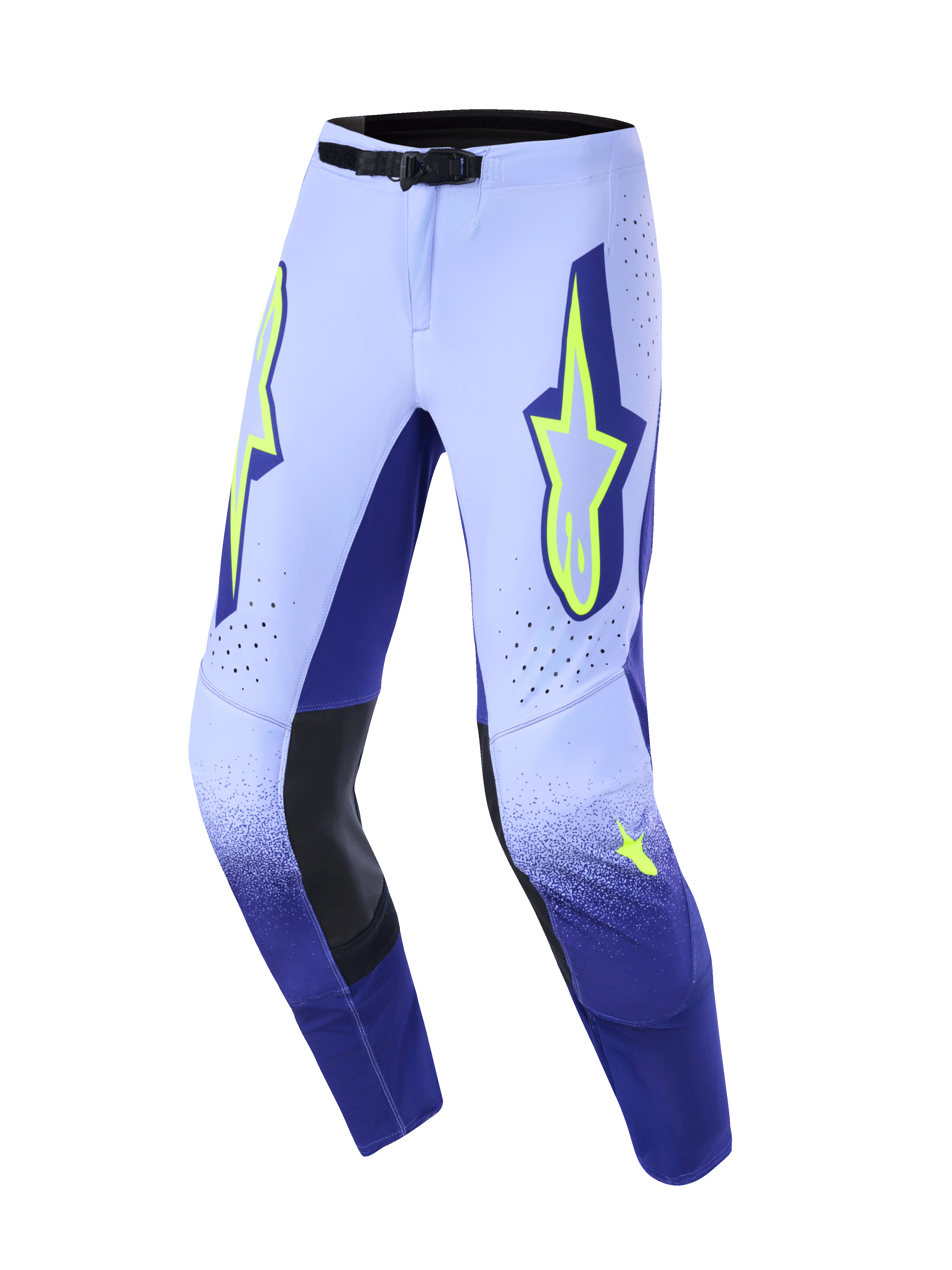 Alpinestars 2026 Supertech Scenz Pants, spodnie motocrossowe, fioletowe i żółte fluo, z gradientem od lawendowego do granatowego, neonowożółte logo gwiazdy Alpinestars na udach, czarne skórzane panele po wewnętrznej stronie kolan i solidne czarne zapięcie w pasie.