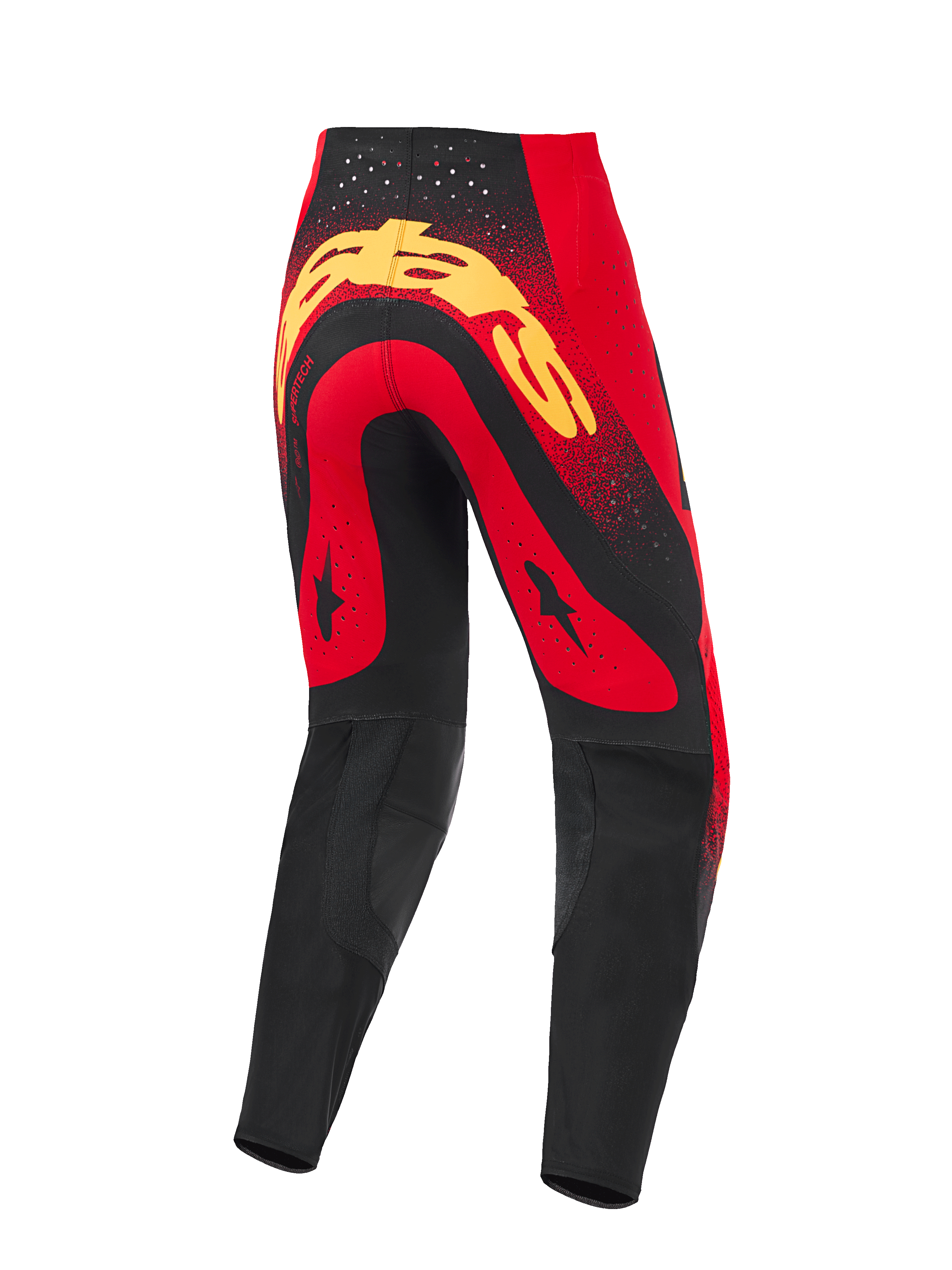 Alpinestars Supertech Scenz Pants 2026, spodnie motocrossowe, czerwono-czarno-żółte, widok z tyłu z dużym żółtym logo na siedzeniu, czerwone panele z grafikami czarnych gwiazd, laserowo wycinane perforacje w pasie oraz czarne wzmocnione panele w dolnej części nogawek.