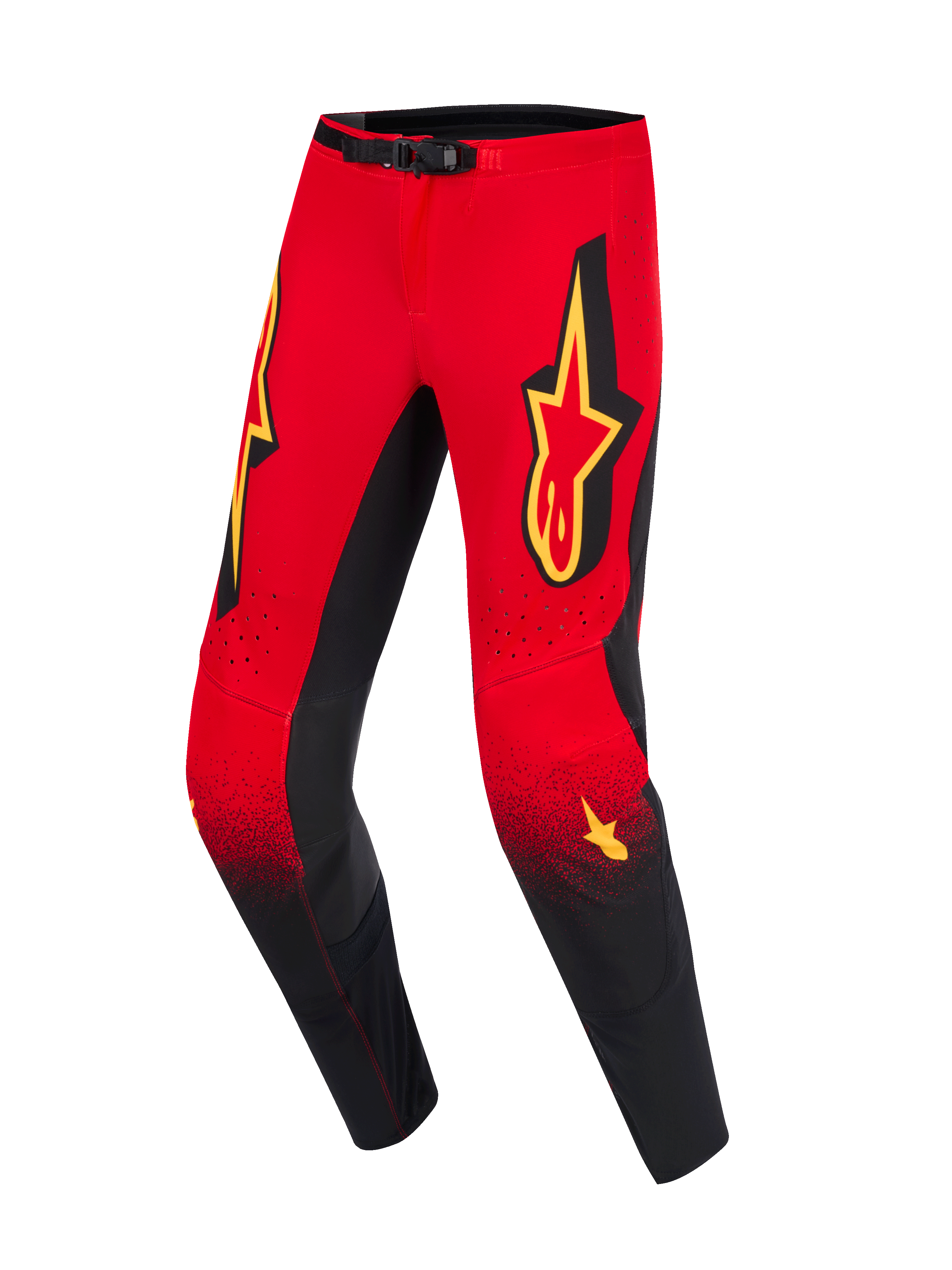 Alpinestars 2026 Supertech Scenz Pants, spodnie motocrossowe, czerwono-czarno-żółte, czerwona góra przechodząca w czarne nogawki z nakrapianym gradientem, duże żółte logo Alpinestars na udach, czarne panele po wewnętrznej stronie kolan i magnetyczne zapięcie w pasie