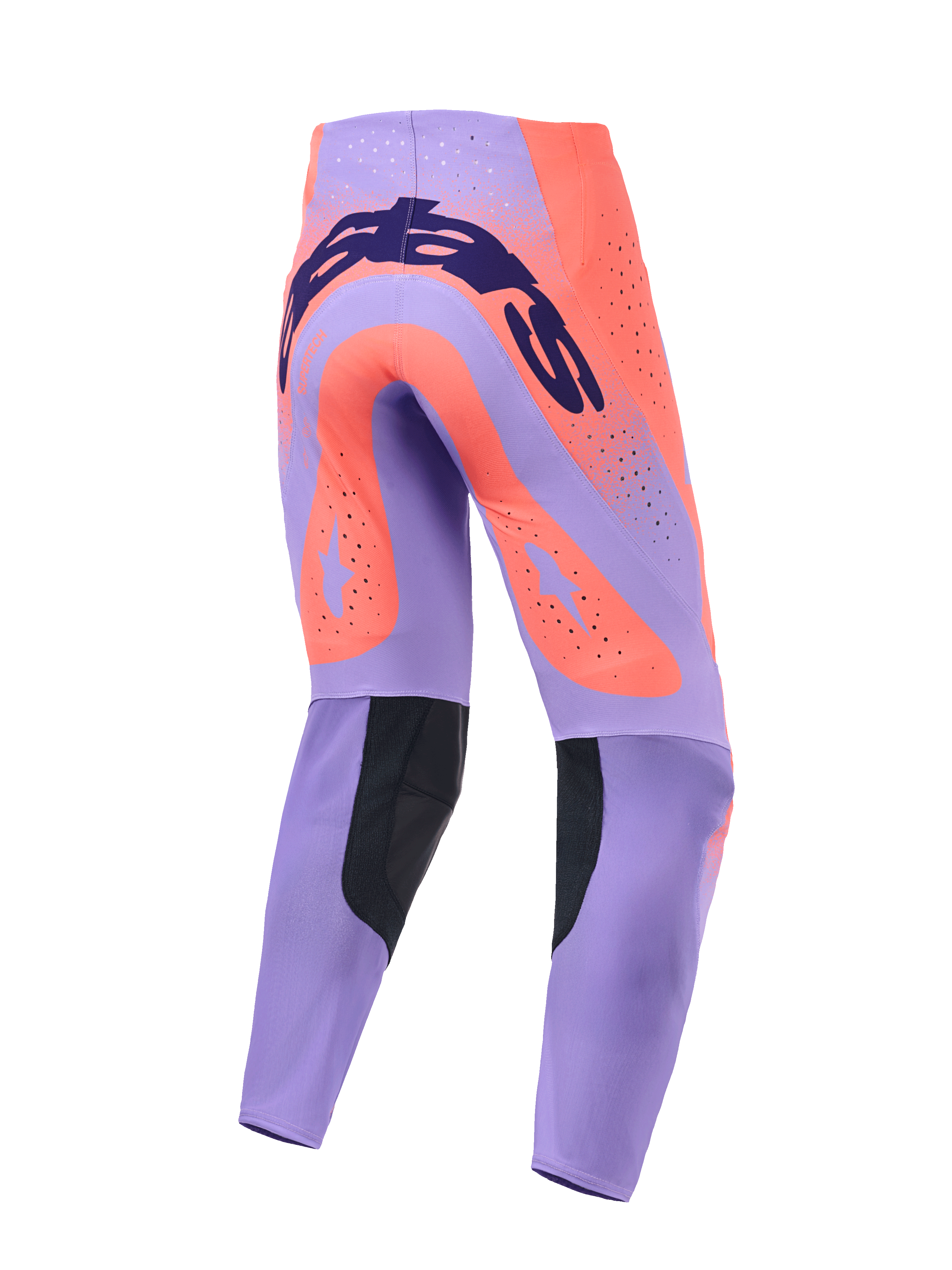 Alpinestars 2026 Supertech Scenz Pants, spodnie motocrossowe, koralowo-fioletowe, widok z tyłu z ciemnoniebieskim logotypem na siedzisku, dużymi koralowymi gwiazdami na udach, czarnymi panelami na wewnętrznej stronie łydek i laserowo wycinanymi otworami wentylacyjnymi.