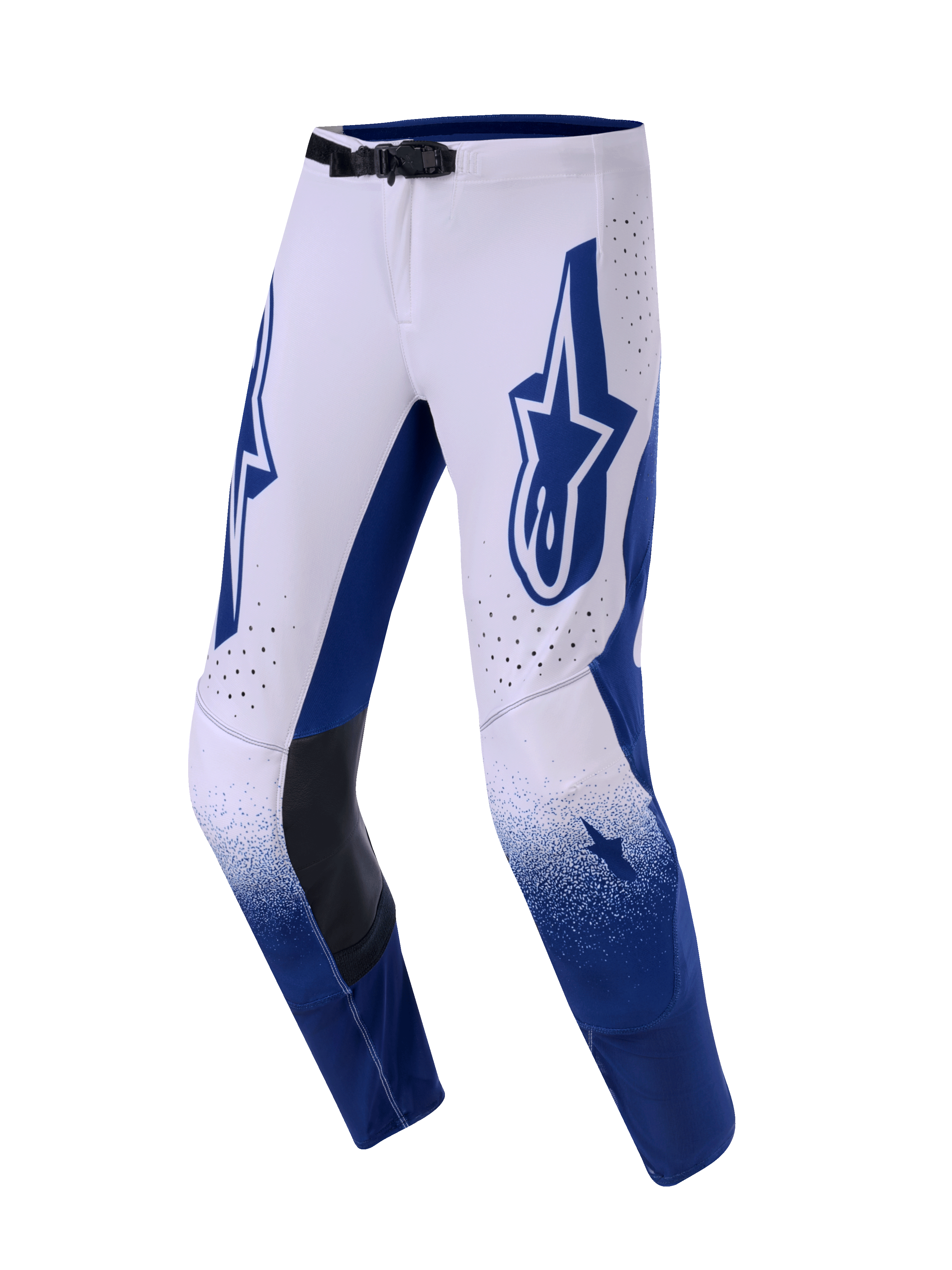 Alpinestars 2026 Supertech Scenz Pants, spodnie motocrossowe, jasnoszare i ciemnoniebieskie, z dużym niebieskim logo Astars na udzie, czarnymi skórzanymi panelami na wewnętrznej stronie kolan i perforowanymi otworami wentylacyjnymi, efekt gradientu na dole nogawek, profesjonalny sprzęt wyścigowy off-road