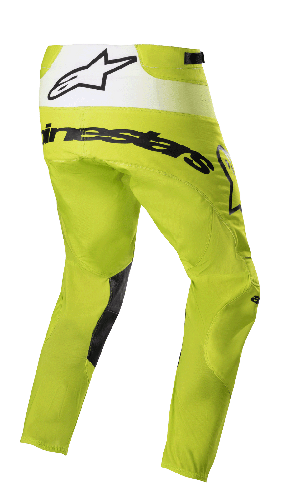 Alpinestars Techstar Push Pants 2023, spodnie motocrossowe, żółte fluo i białe, widok z tyłu pod kątem, czarny branding i biały panel tylny z logo gwiazdy, czarne wstawki po wewnętrznej stronie nogawek, wytrzymała odzież do wyścigów terenowych
