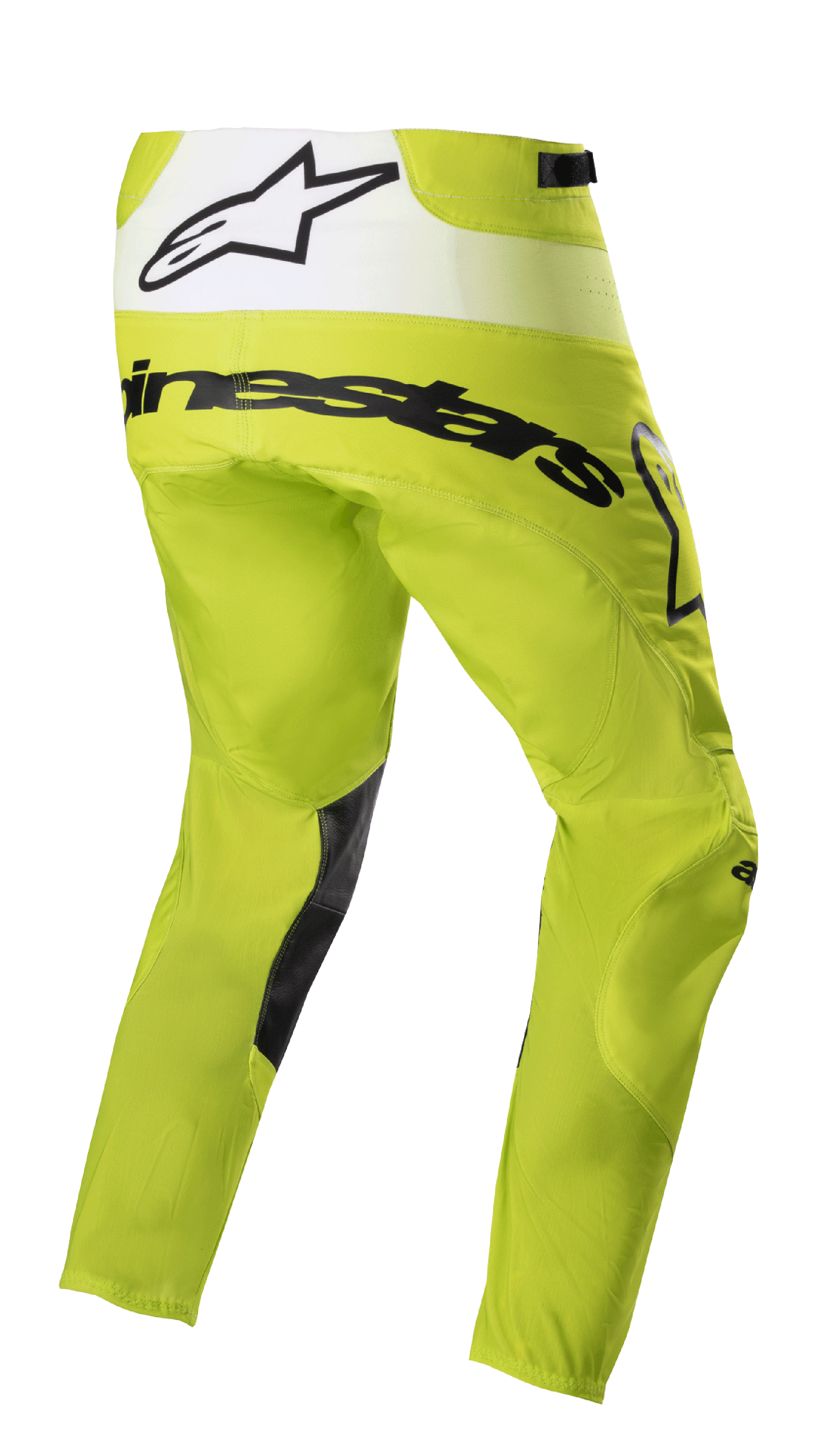 Alpinestars Techstar Push Pants 2023, spodnie motocrossowe, żółte fluo i białe, widok z tyłu pod kątem, czarny branding i biały panel tylny z logo gwiazdy, czarne wstawki po wewnętrznej stronie nogawek, wytrzymała odzież do wyścigów terenowych