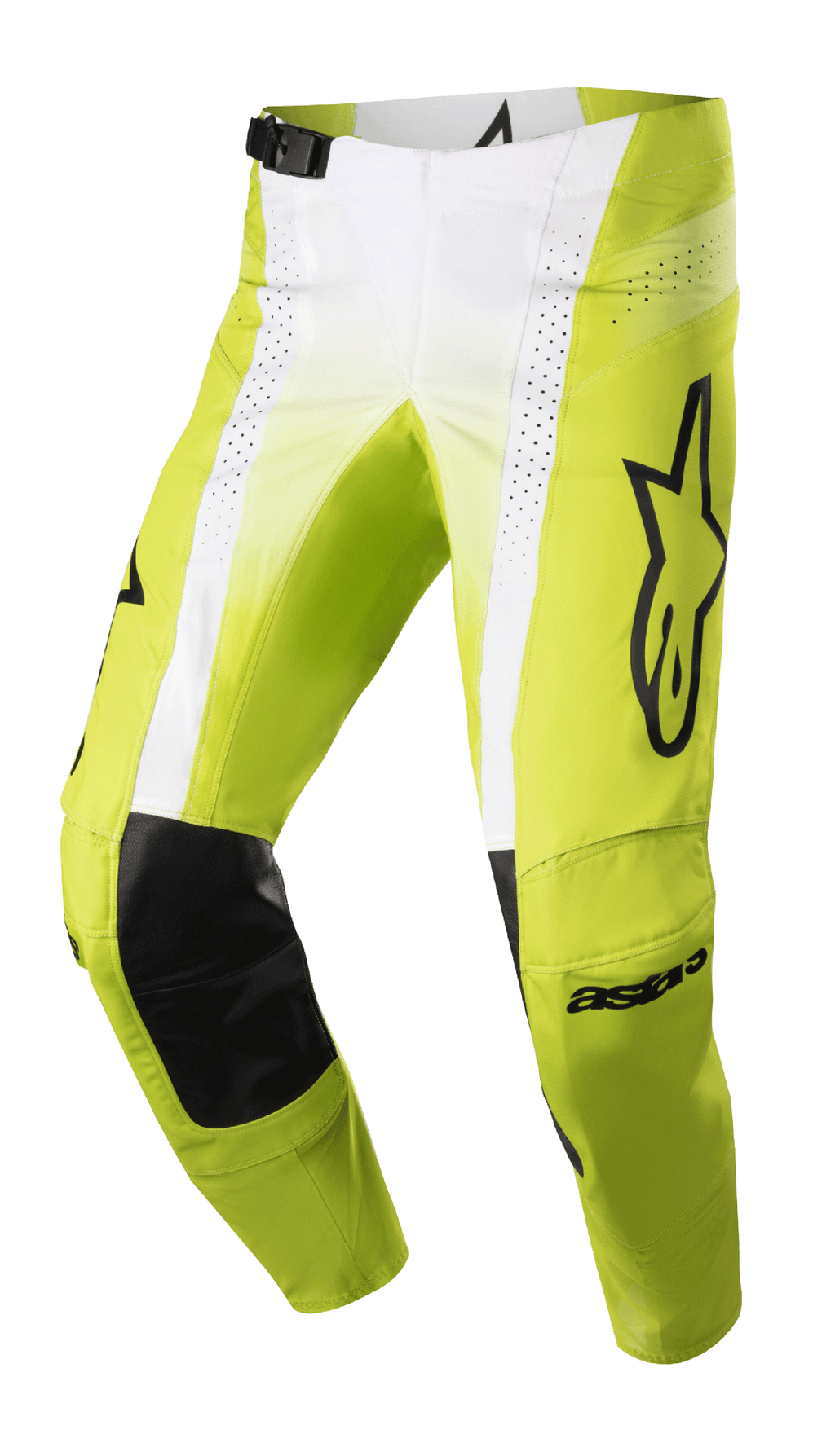 Spodnie Alpinestars 2023 Techstar Push, spodnie motocrossowe, żółte fluo i białe z czarnymi akcentami, skórzane wzmocnienia kolan, perforowane panele wentylacyjne, duże czarne logo na udzie, regulowana klamra w pasie, wysokiej klasy odzież off-road