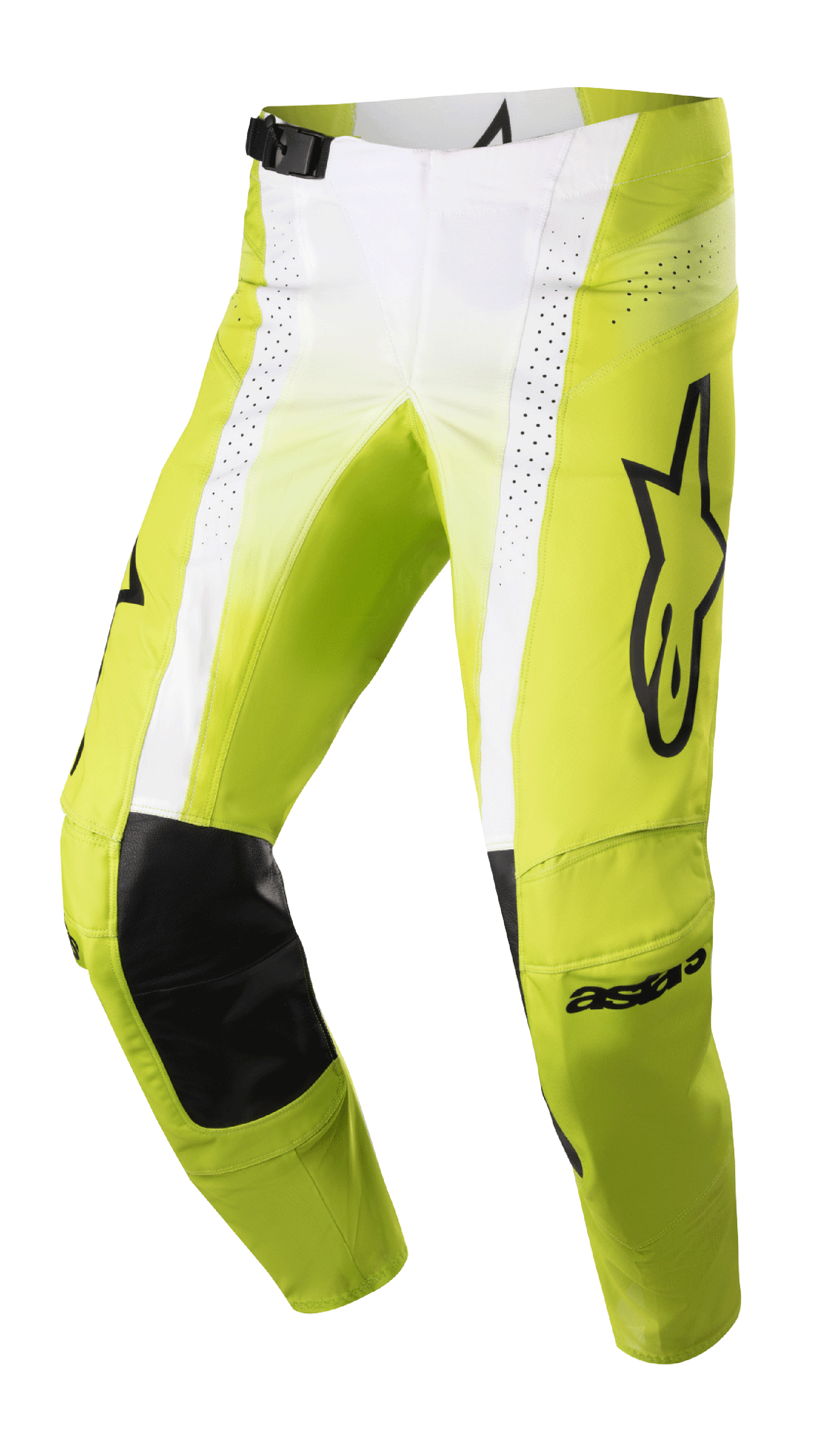 Spodnie Alpinestars 2023 Techstar Push, spodnie motocrossowe, żółte fluo i białe z czarnymi akcentami, skórzane wzmocnienia kolan, perforowane panele wentylacyjne, duże czarne logo na udzie, regulowana klamra w pasie, wysokiej klasy odzież off-road