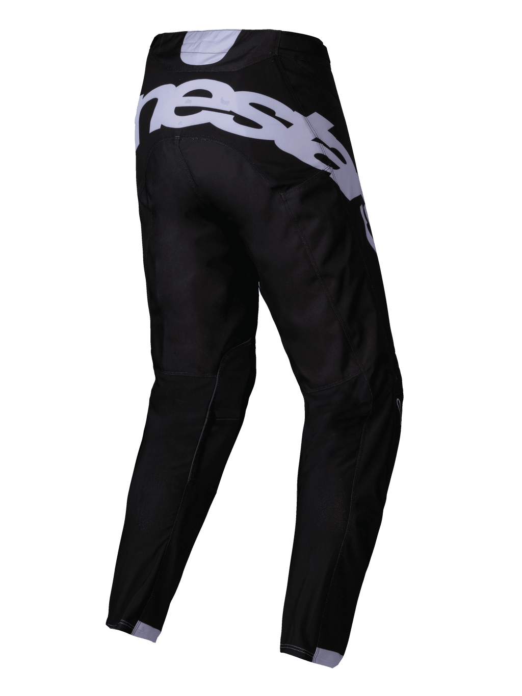 Alpinestars 2025 Racer Graphite Pants, spodnie motocrossowe, czarno-szare, widok z tyłu z dużym szarym brandingiem na siedzeniu, wstępnie zakrzywione nogawki, wytrzymała tkanina techniczna do wyścigów terenowych
