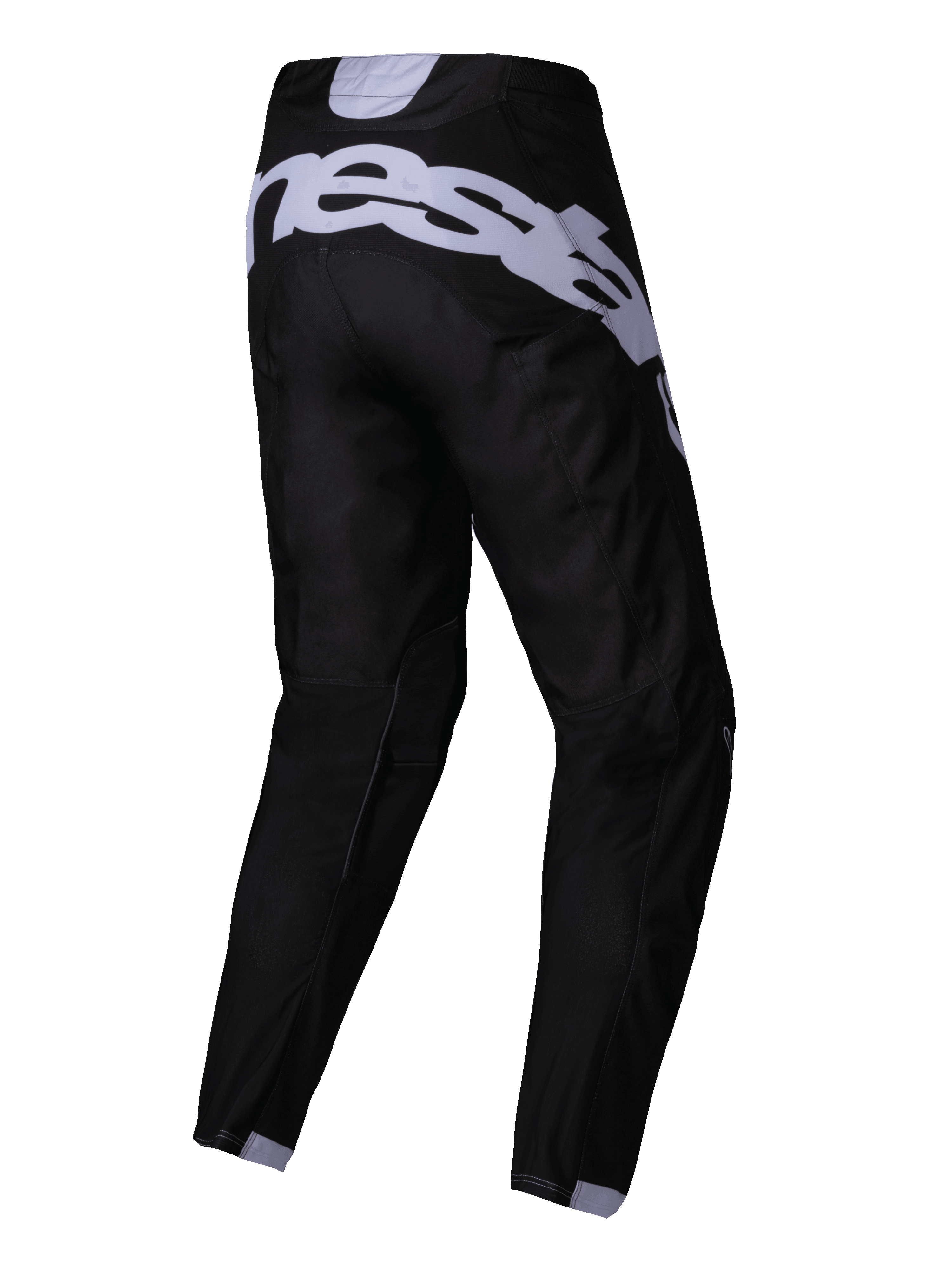 Alpinestars 2025 Racer Graphite Pants, spodnie motocrossowe, czarno-szare, widok z tyłu z dużym szarym brandingiem na siedzeniu, wstępnie zakrzywione nogawki, wytrzymała tkanina techniczna do wyścigów terenowych