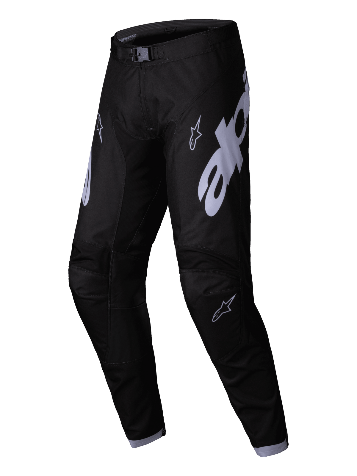 Alpinestars 2025 Racer Graphite Pants, spodnie motocrossowe, czarno-szare, z dużymi szarymi logo Alpinestars na udach, wstępnie zakrzywiona konstrukcja nogawek i magnetyczna klamra w pasie dla wydajności w wyścigach terenowych