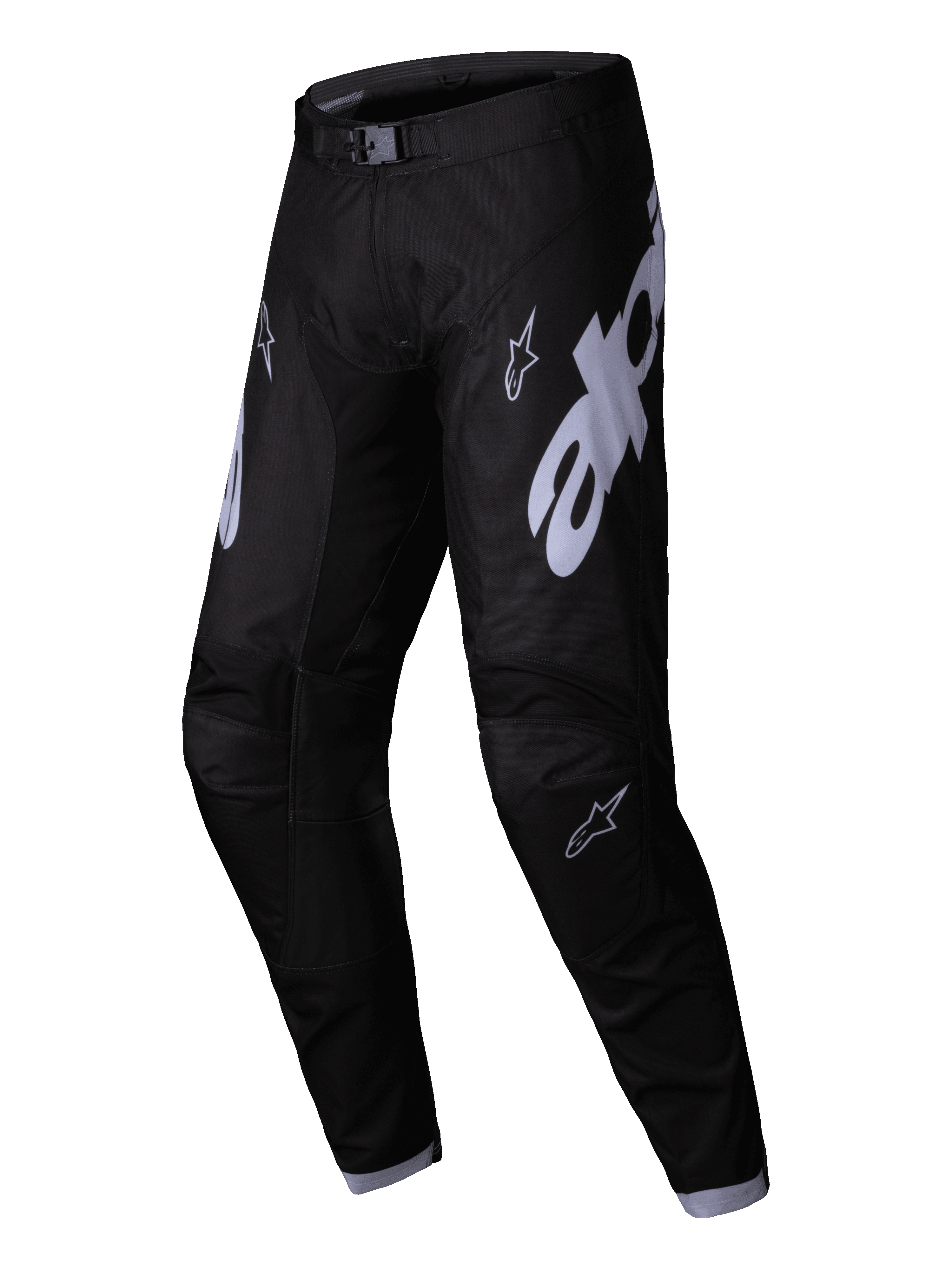 Alpinestars 2025 Racer Graphite Pants, spodnie motocrossowe, czarno-szare, z dużymi szarymi logo Alpinestars na udach, wstępnie zakrzywiona konstrukcja nogawek i magnetyczna klamra w pasie dla wydajności w wyścigach terenowych