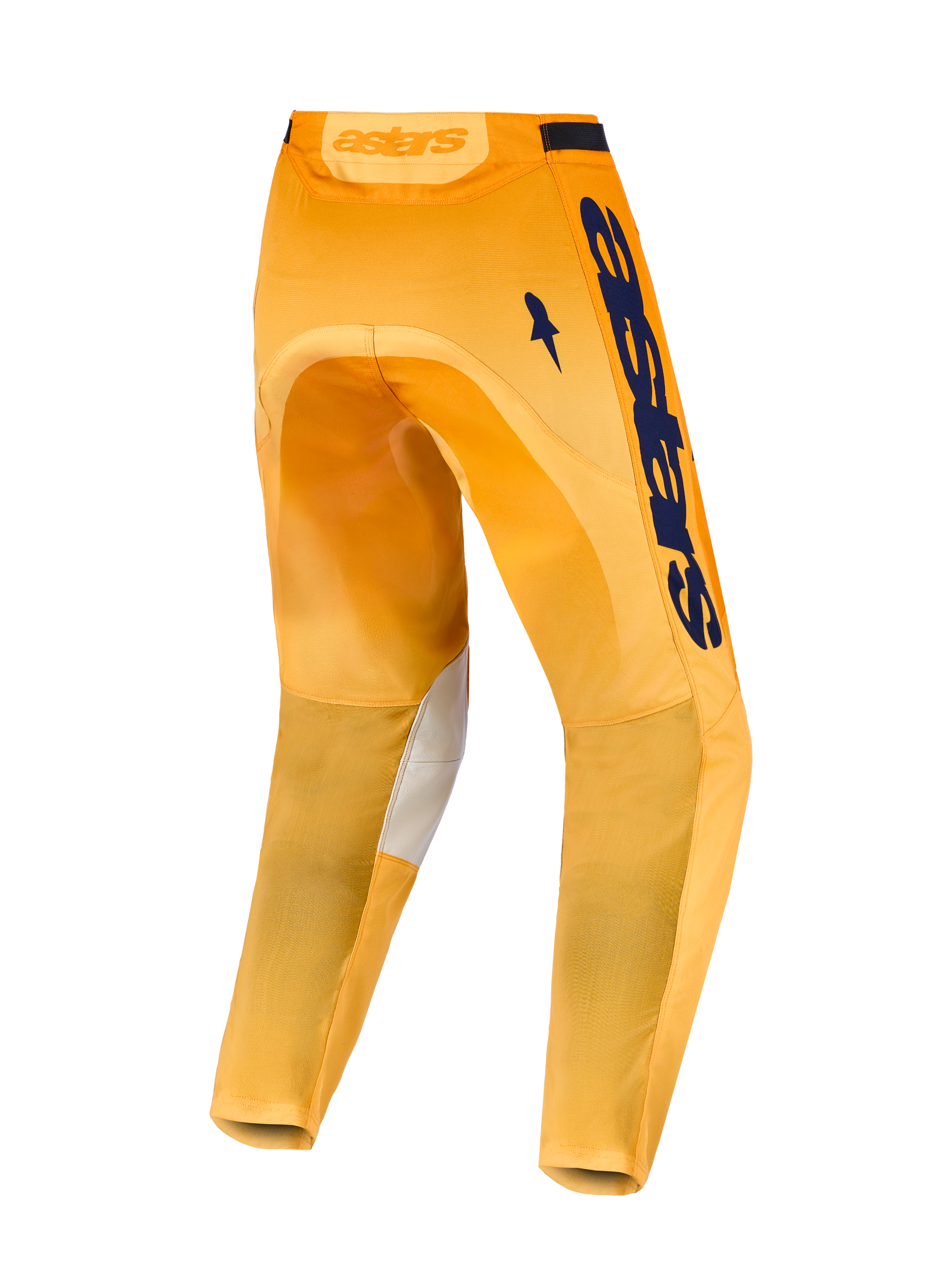 Alpinestars Racer Amber, spodnie motocrossowe off-road, pomarańczowe i granatowe, skórzane panele, widok z tyłu