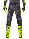 2025 Racer Hollow Pants, Motocross Pants, Gray with Neon Yellow, featuring star logos and text, paired with black and yellow gloves and yellow boots with black buckles, sporty protective design for off-road racing