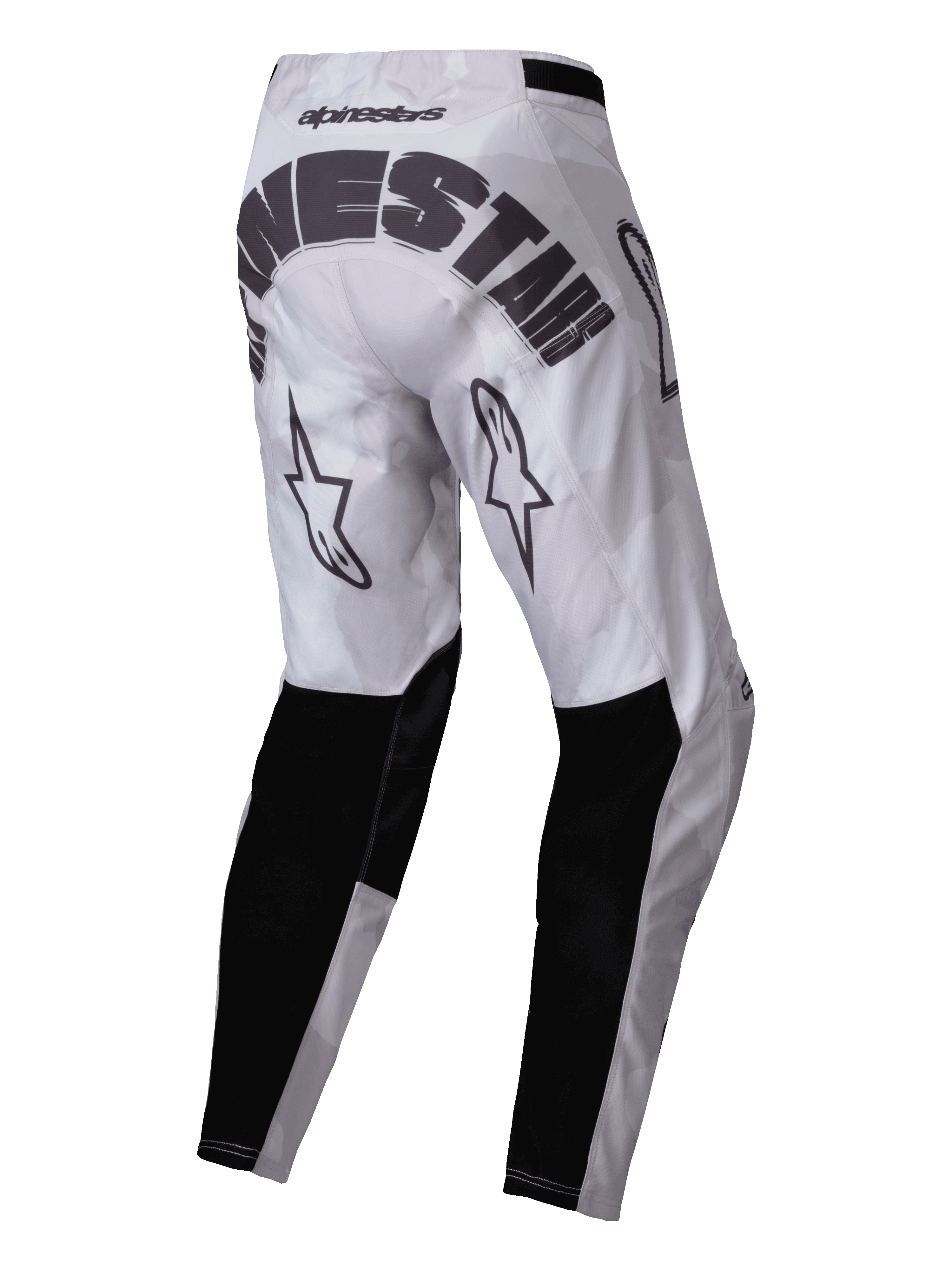 Alpinestars Racer Hollow Pants 2025, spodnie motocrossowe, Light Camo Brown, widok z tyłu z wyraźnym czarnym brandingiem Alpinestars na siedzeniu, logo gwiazdy z tyłu ud i czarnymi wzmocnionymi panelami na dole nogawek, sportowy design off-road z jasnoszarym wzorem kamuflażu