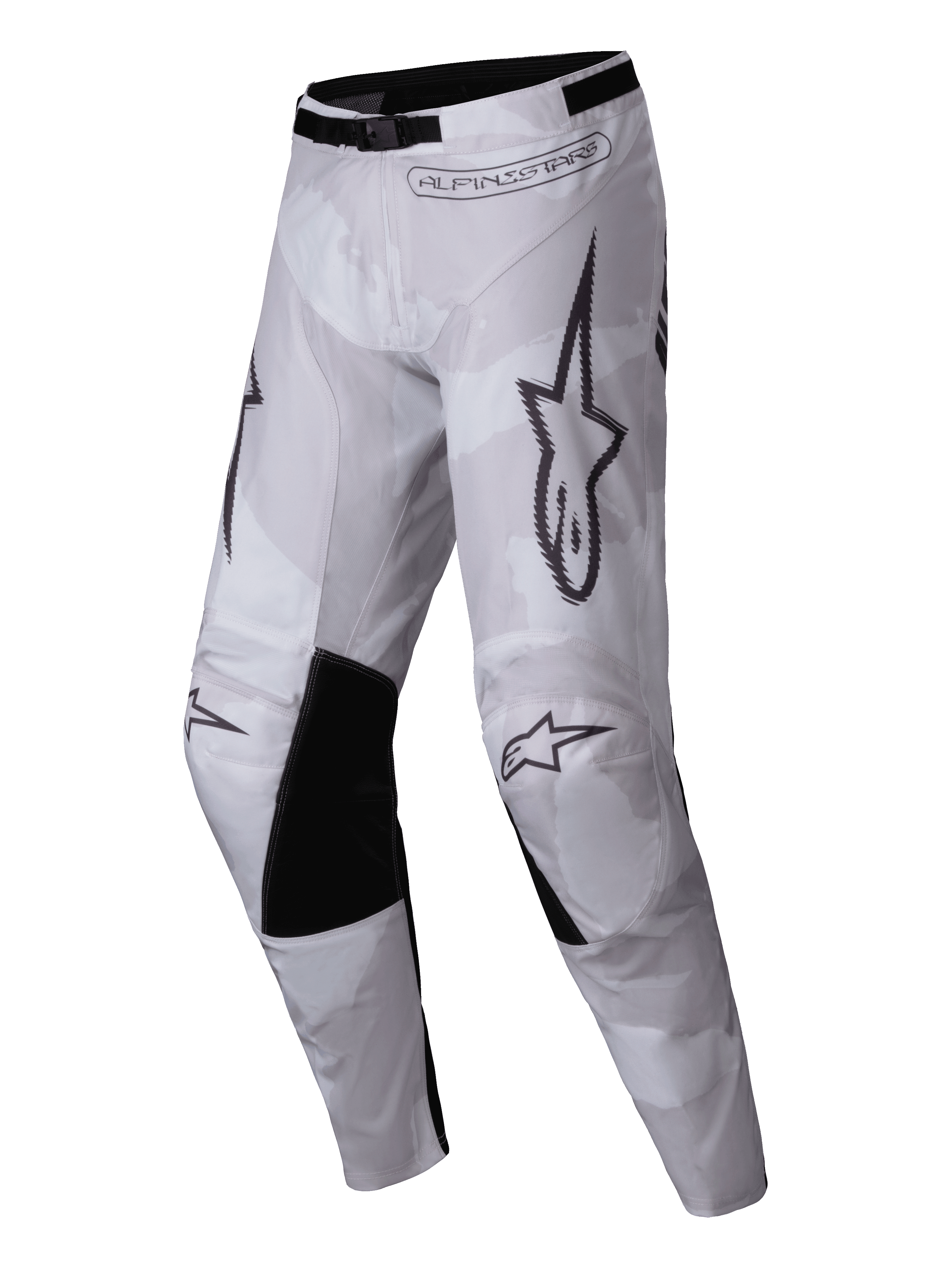 Alpinestars 2025 Racer Hollow Pants, spodnie motocrossowe, Light Camo Brown, jasny wzór kamuflażu z czarnymi wewnętrznymi panelami na kolanach, wyraźne logo Alpinestars, regulowana klamra w pasie do jazdy terenowej