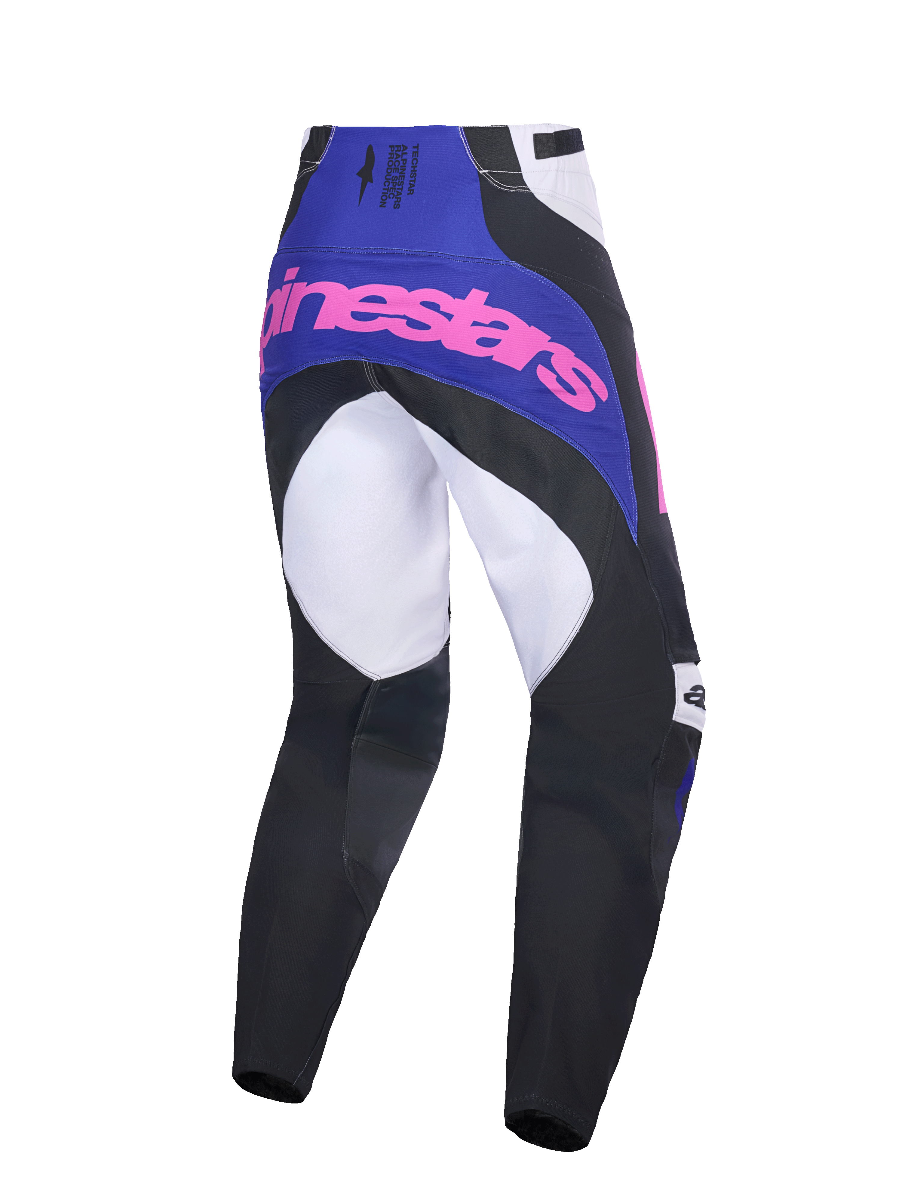 Alpinestars 2026 Techstar Knif Pants, spodnie motocrossowe, czarne, jasnoszare i fioletowe z różowym brandingiem, widok z tyłu ukazujący wielopanelową konstrukcję, fioletowy karczek z różowym logo oraz wzmocniony obszar siedziska do wyścigów terenowych
