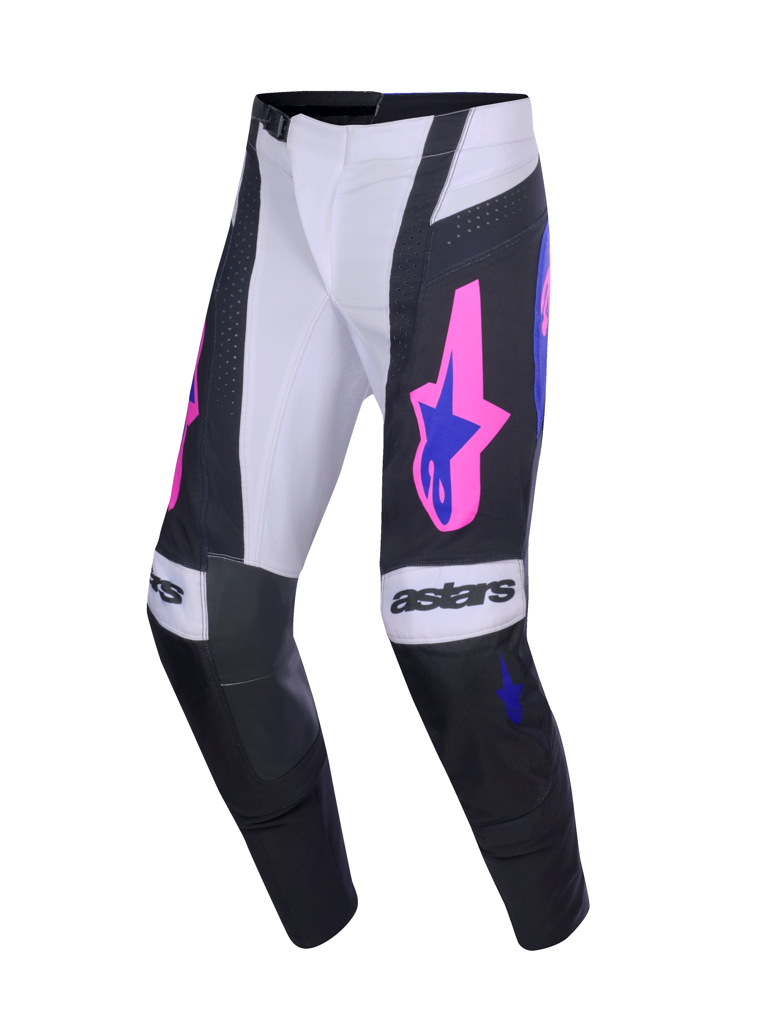 Alpinestars Techstar Knif Pants 2026, spodnie motocrossowe, czarne i jasnoszare z fioletowymi i jaskraworóżowymi akcentami, wyraźne logo „astars” na kolanach, logo gwiazdy na udach, ergonomiczny krój wyścigowy do jazdy terenowej