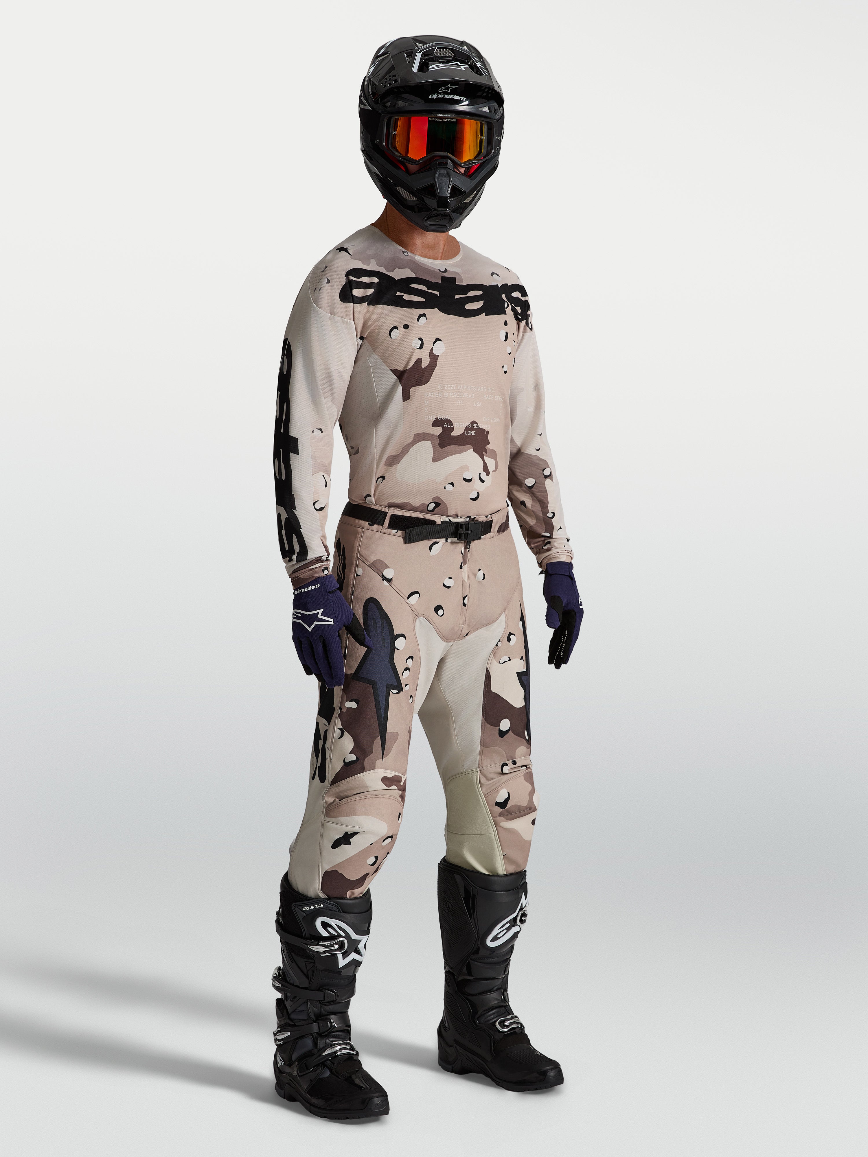 Spodnie Alpinestars Racer Lone, męskie spodnie motocrossowe, pustynne moro i czarne, poliester 600D, wyścigi off-road.