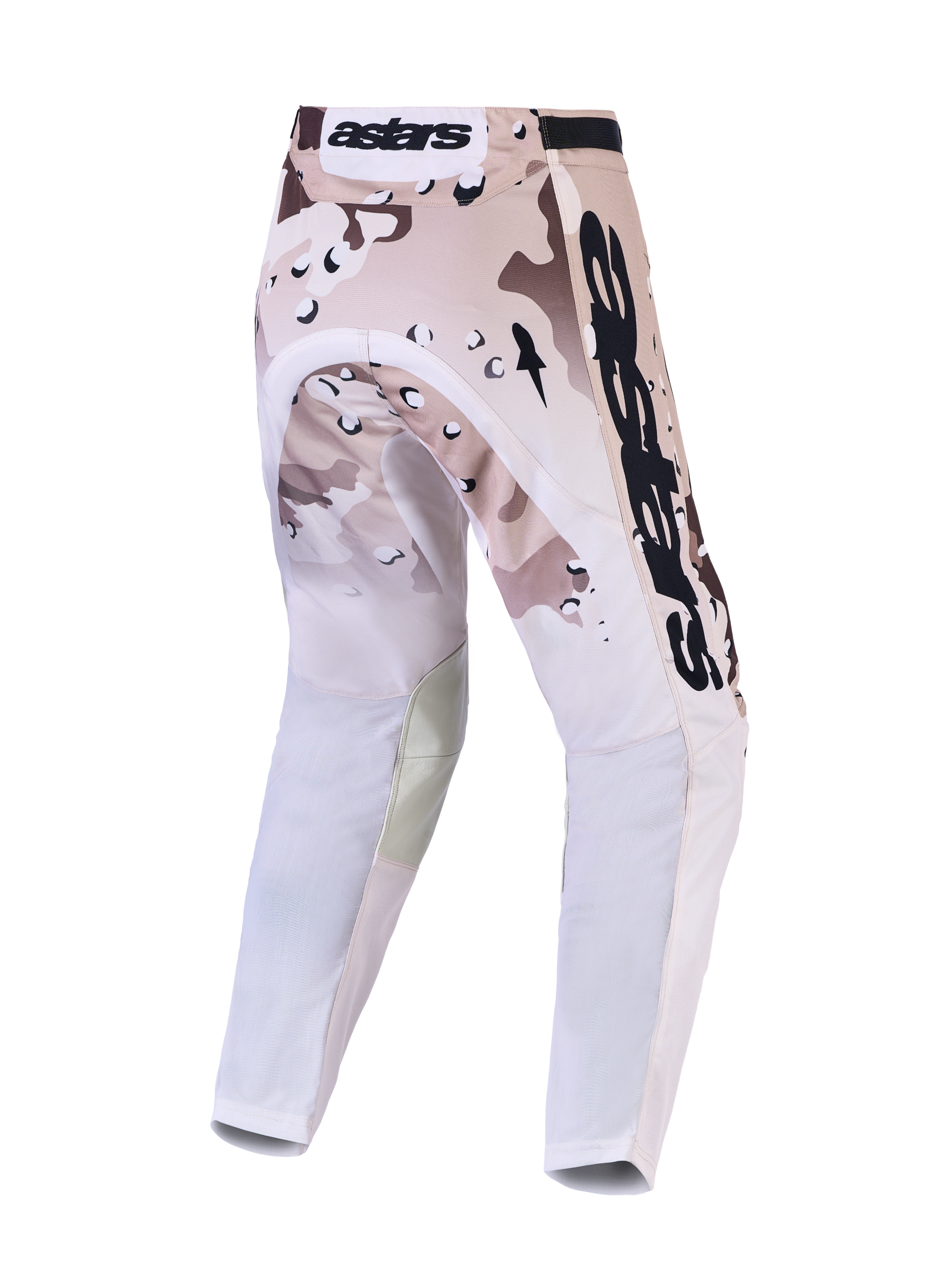 Alpinestars Racer Lone, męskie spodnie motocrossowe, pustynne moro i czarne, wentylowane panele Stretchnet z tyłu.