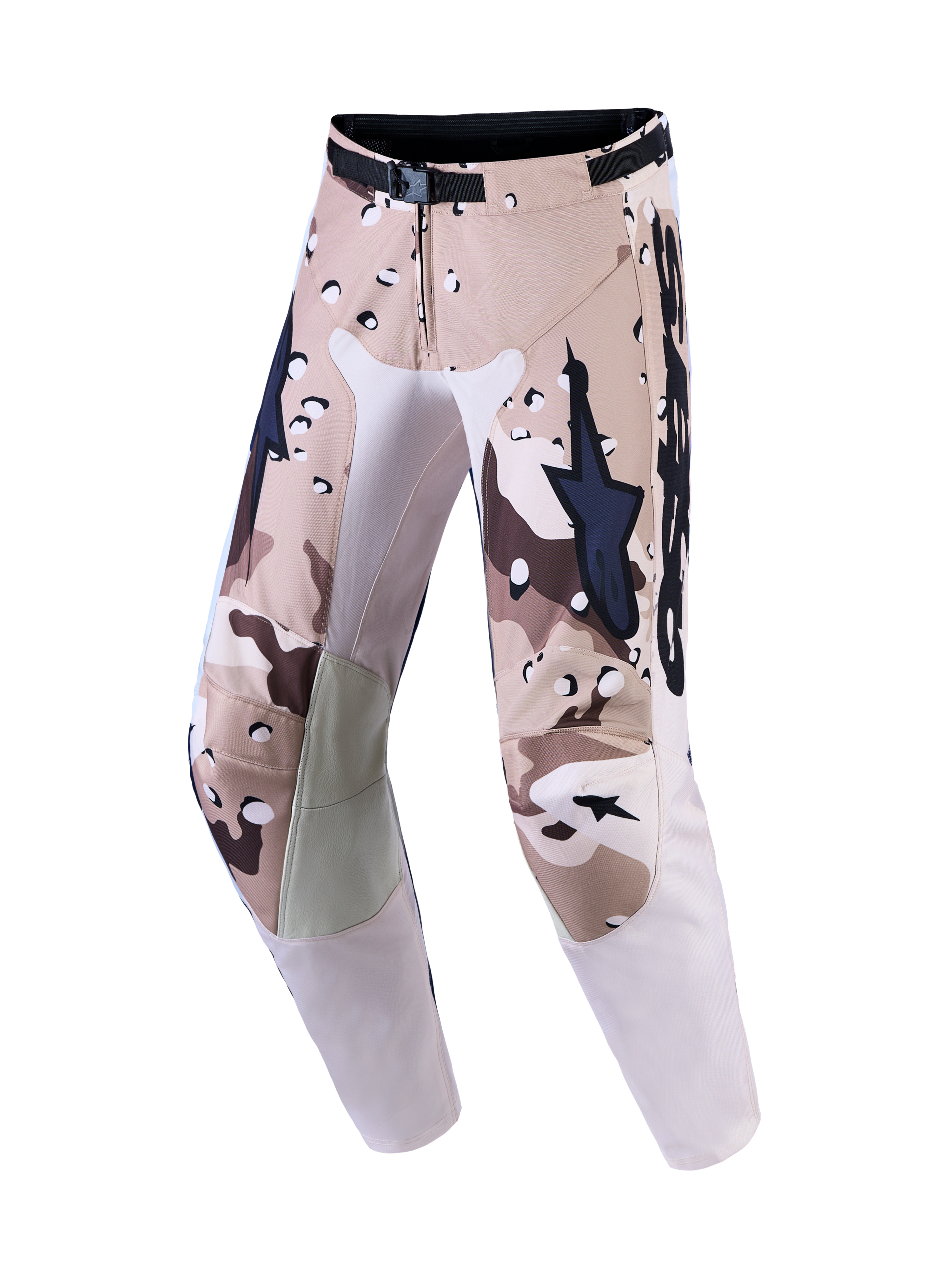Alpinestars Racer Lone Motocross Pants in tan and brown desert camouflage, for off-road riding with leather knee protection.