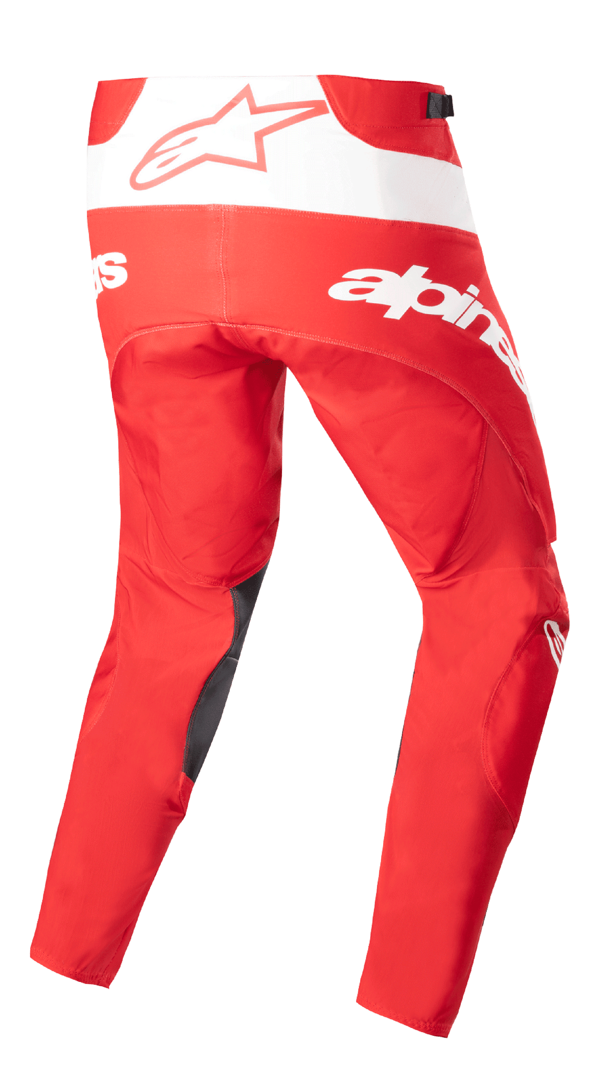 Alpinestars 2023 Techstar Arch Pants, spodnie motocrossowe, czerwono-białe, widok z tyłu z wyraźnym białym brandingiem i logo gwiazdy, ciemne wzmocnienia wewnętrznej strony nogawek, techniczny design do jazdy terenowej