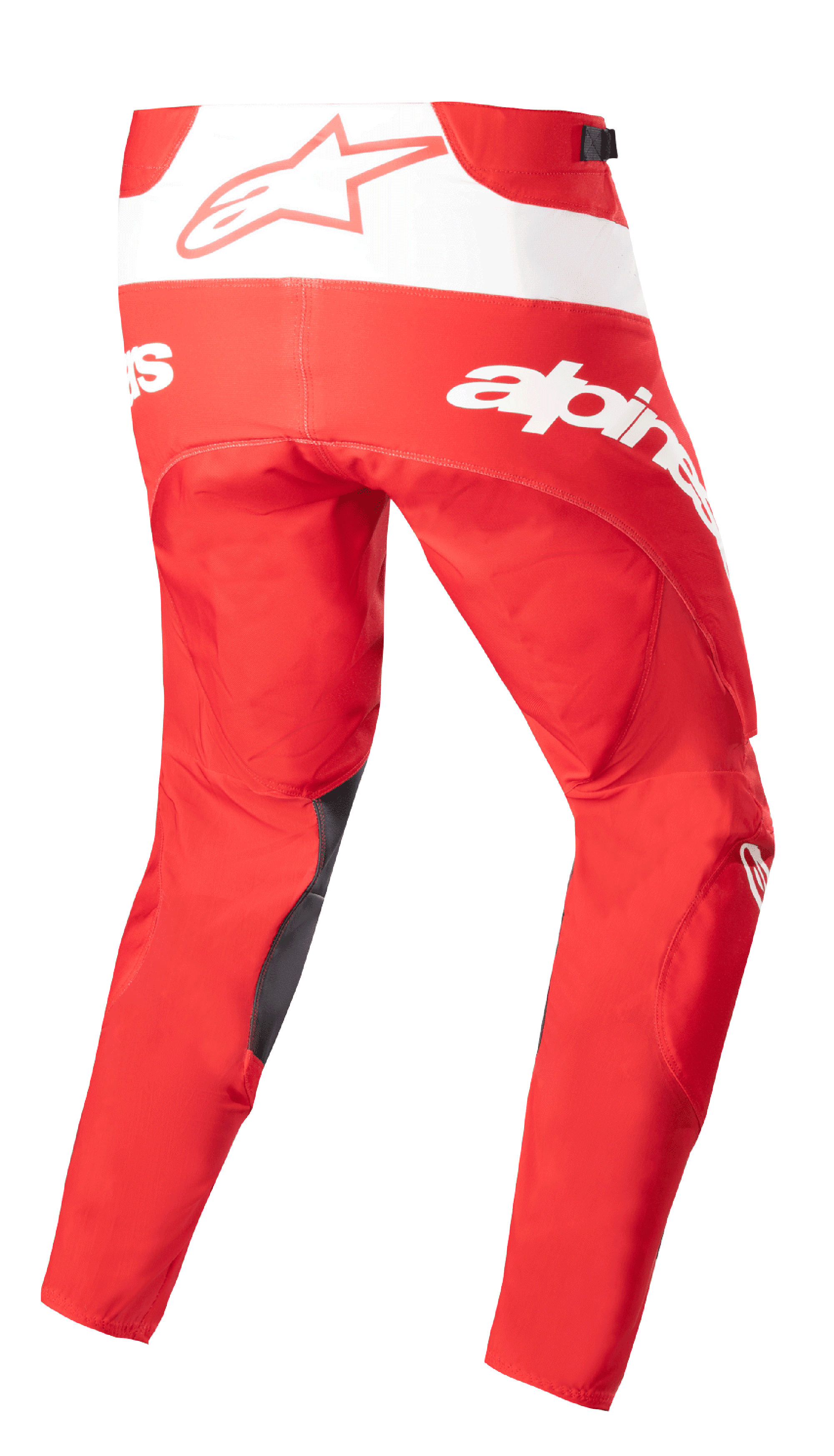 Alpinestars 2023 Techstar Arch Pants, spodnie motocrossowe, czerwono-białe, widok z tyłu z wyraźnym białym brandingiem i logo gwiazdy, ciemne wzmocnienia wewnętrznej strony nogawek, techniczny design do jazdy terenowej