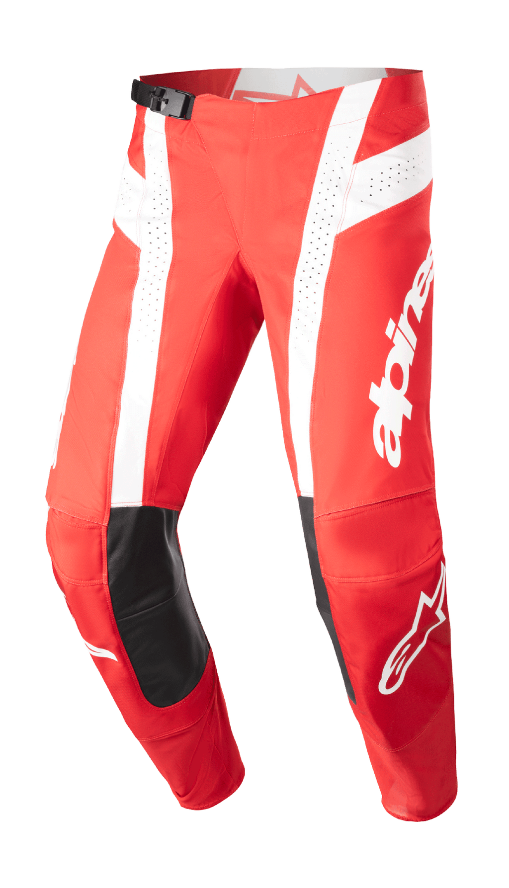 Alpinestars Techstar Arch Pants 2023, spodnie motocrossowe, czerwone (Mars Red) i białe, czarne skórzane wzmocnienia na kolanach, perforowane panele wentylacyjne, regulowana klamra w pasie, wyczynowa odzież off-road