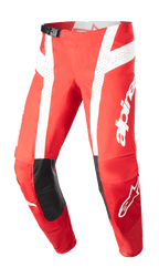 Alpinestars Techstar Arch Pants 2023, spodnie motocrossowe, czerwone (Mars Red) i białe, czarne skórzane wzmocnienia na kolanach, perforowane panele wentylacyjne, regulowana klamra w pasie, wyczynowa odzież off-road