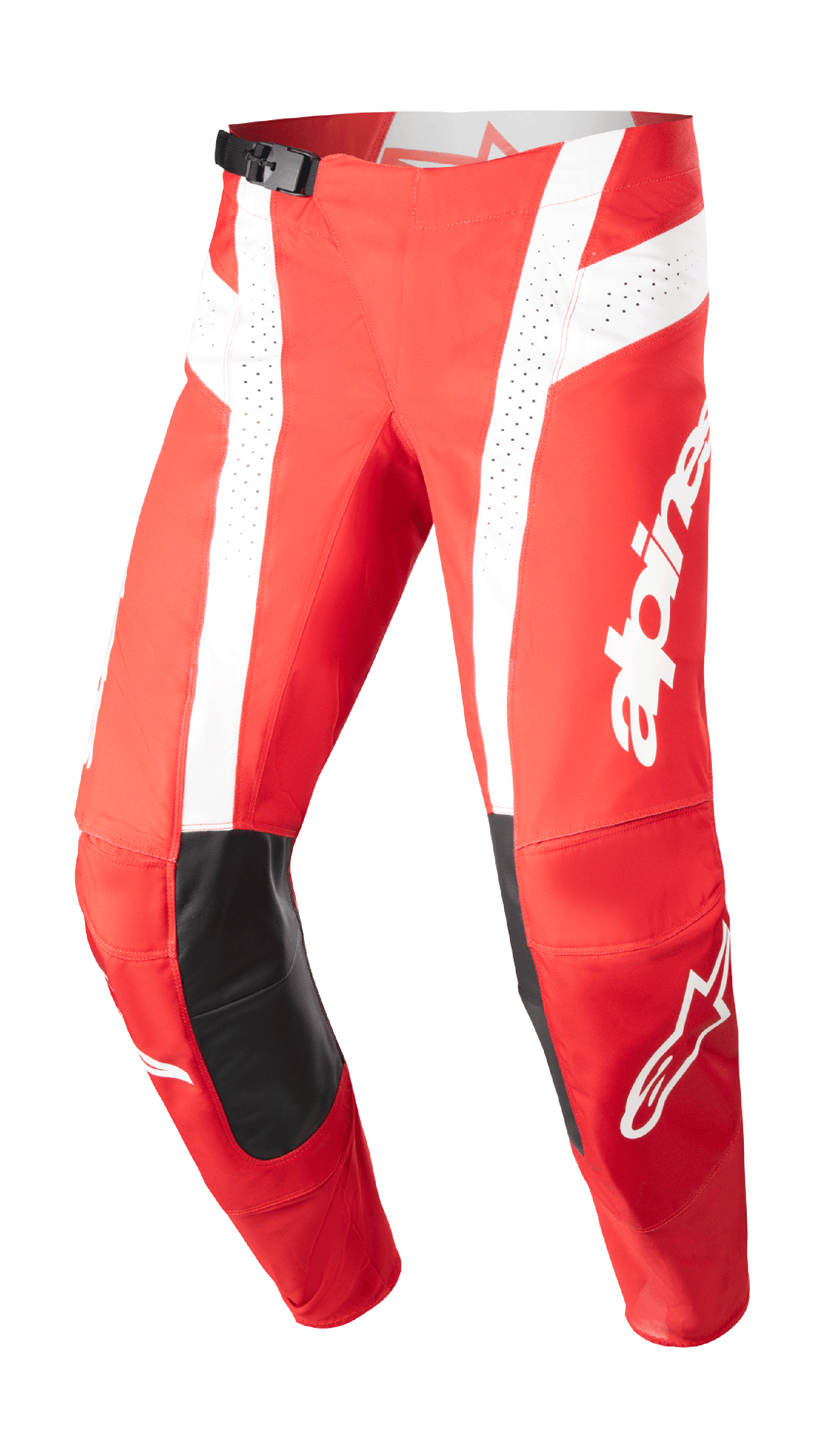 Alpinestars Techstar Arch Pants 2023, spodnie motocrossowe, czerwone (Mars Red) i białe, czarne skórzane wzmocnienia na kolanach, perforowane panele wentylacyjne, regulowana klamra w pasie, wyczynowa odzież off-road