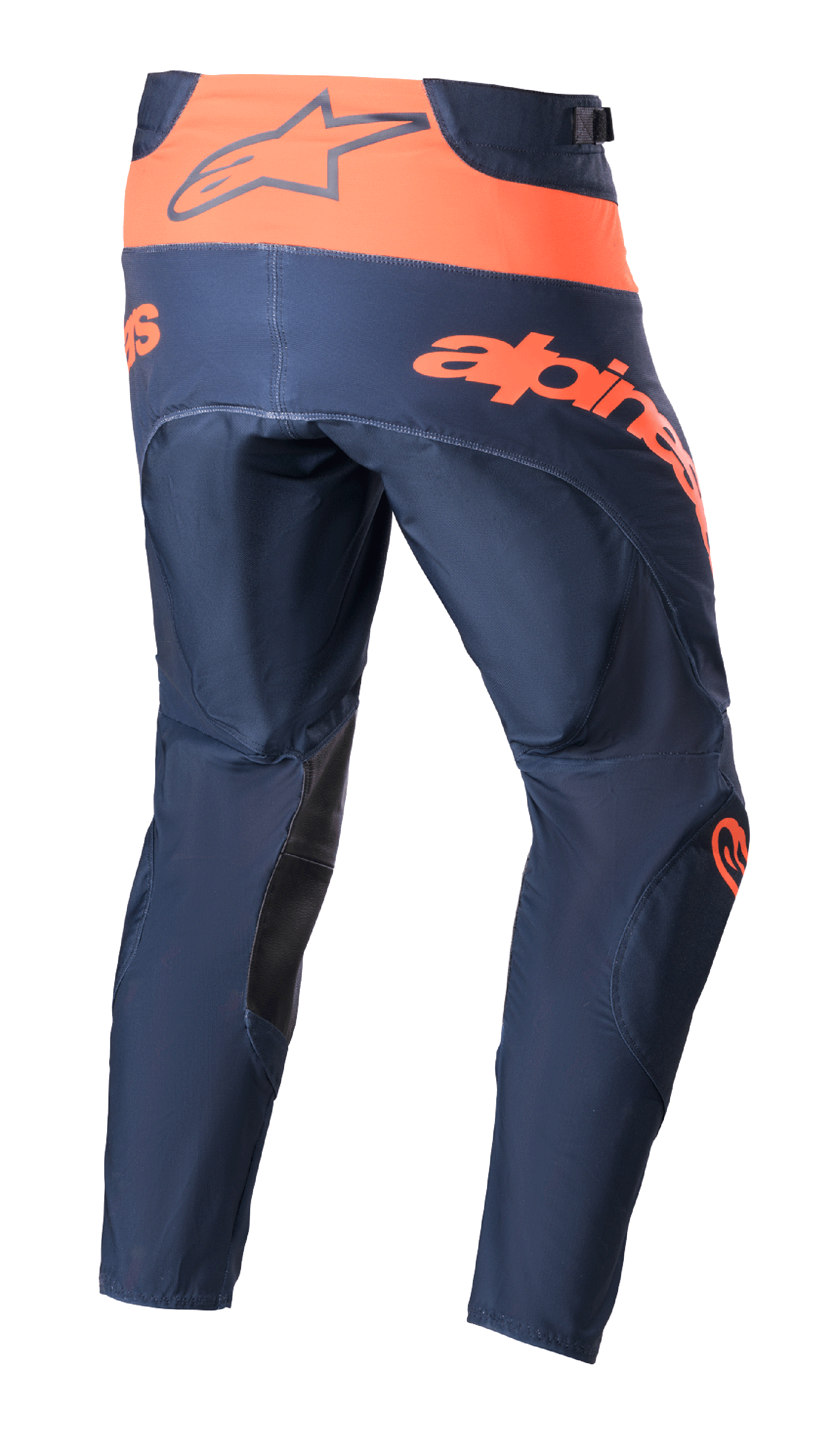 Alpinestars 2023 Techstar Arch Pants, spodnie motocrossowe, granatowe i jaskrawopomarańczowe, widok z tyłu przedstawiający pomarańczowy pas z logo Alpinestars, duży pomarańczowy napis na siedzeniu oraz czarne wzmocnienia po wewnętrznej stronie nogawek