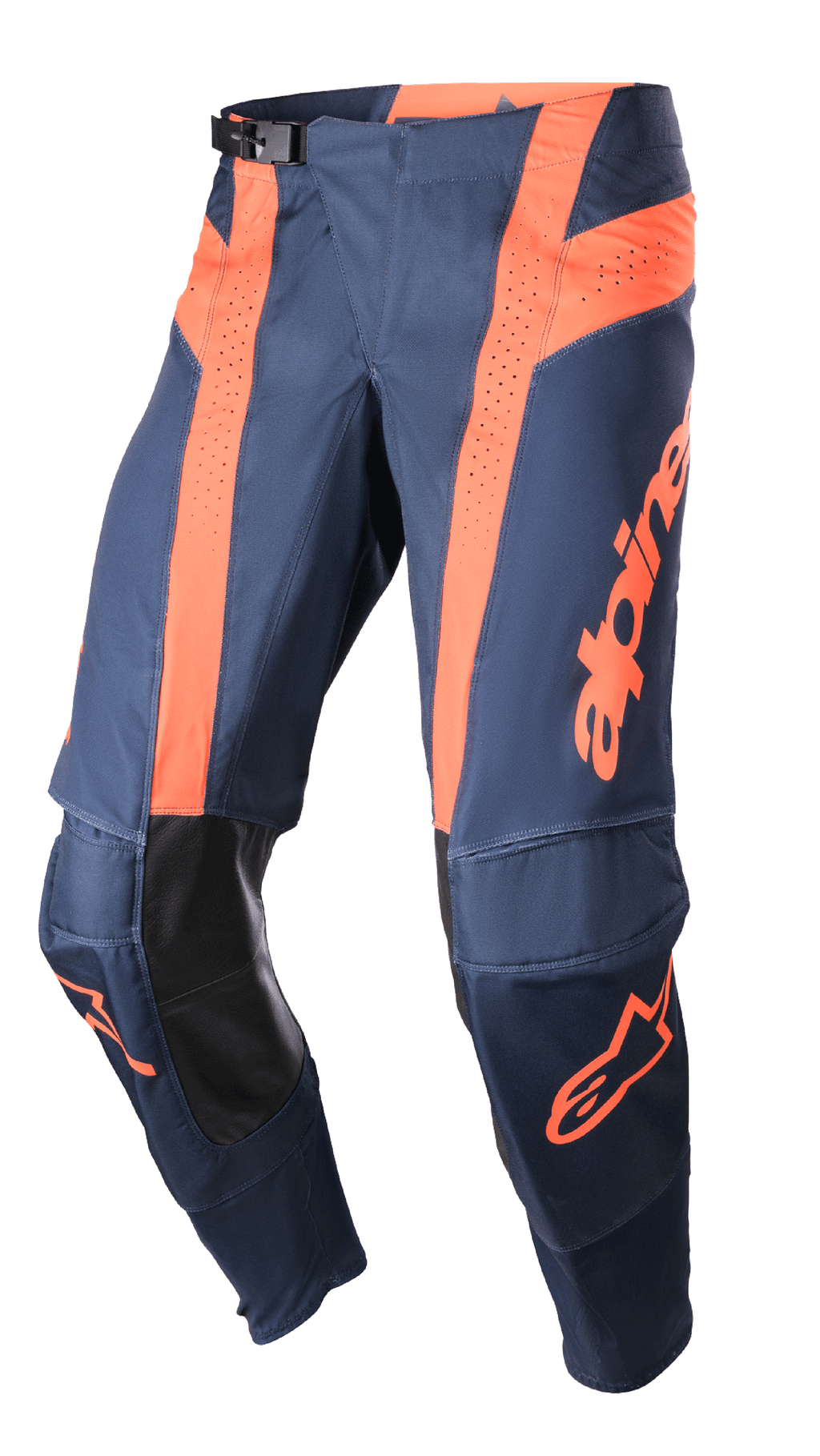 Alpinestars 2023 Techstar Arch Pants, spodnie motocrossowe, granatowe i jaskrawopomarańczowe, perforowane panele wentylacyjne, wewnętrzne wzmocnienia kolan z czarnej skóry, regulowana klamra w pasie, zaawansowana technicznie odzież off-road