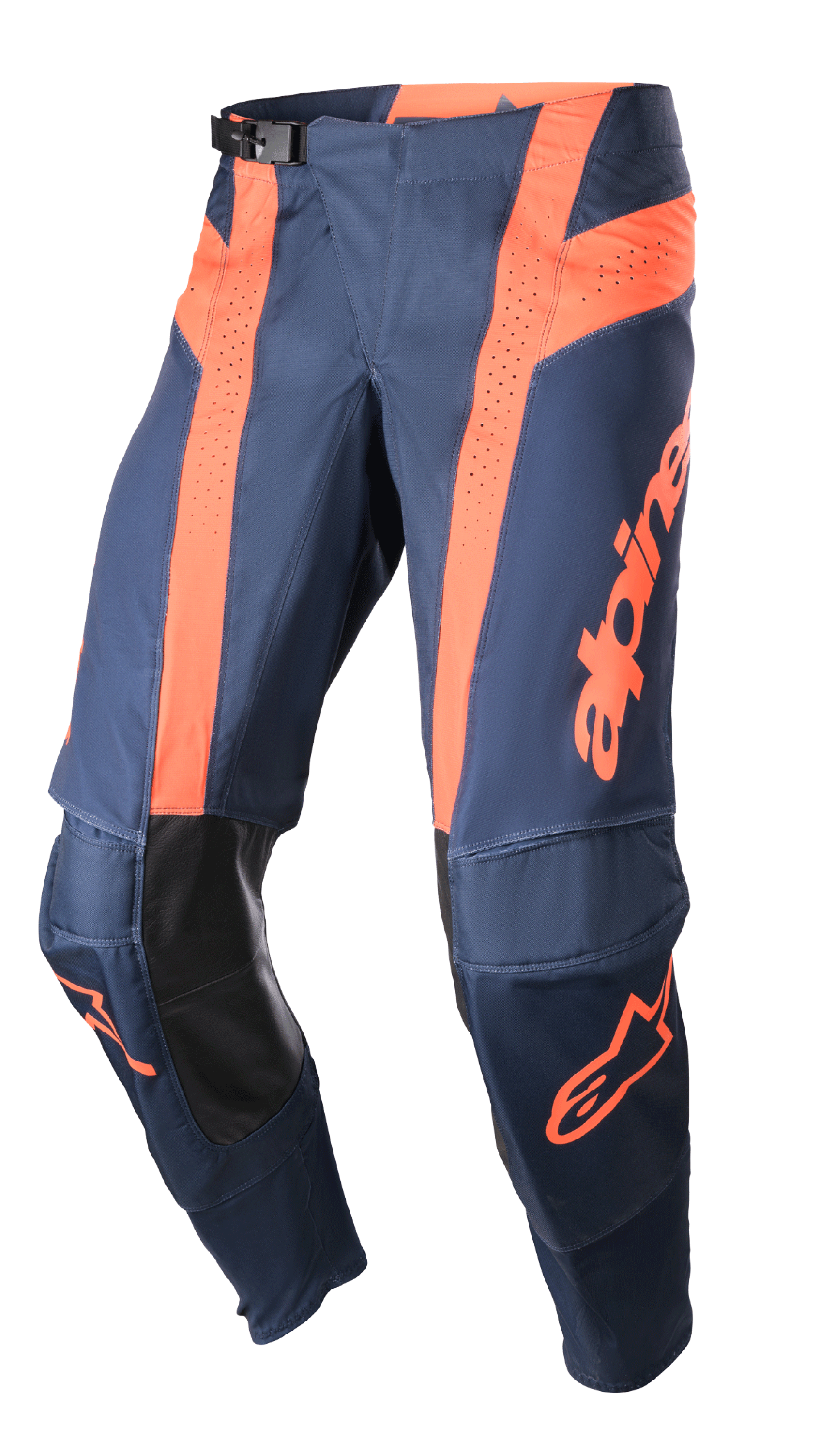 Alpinestars 2023 Techstar Arch Pants, spodnie motocrossowe, granatowe i jaskrawopomarańczowe, perforowane panele wentylacyjne, wewnętrzne wzmocnienia kolan z czarnej skóry, regulowana klamra w pasie, zaawansowana technicznie odzież off-road